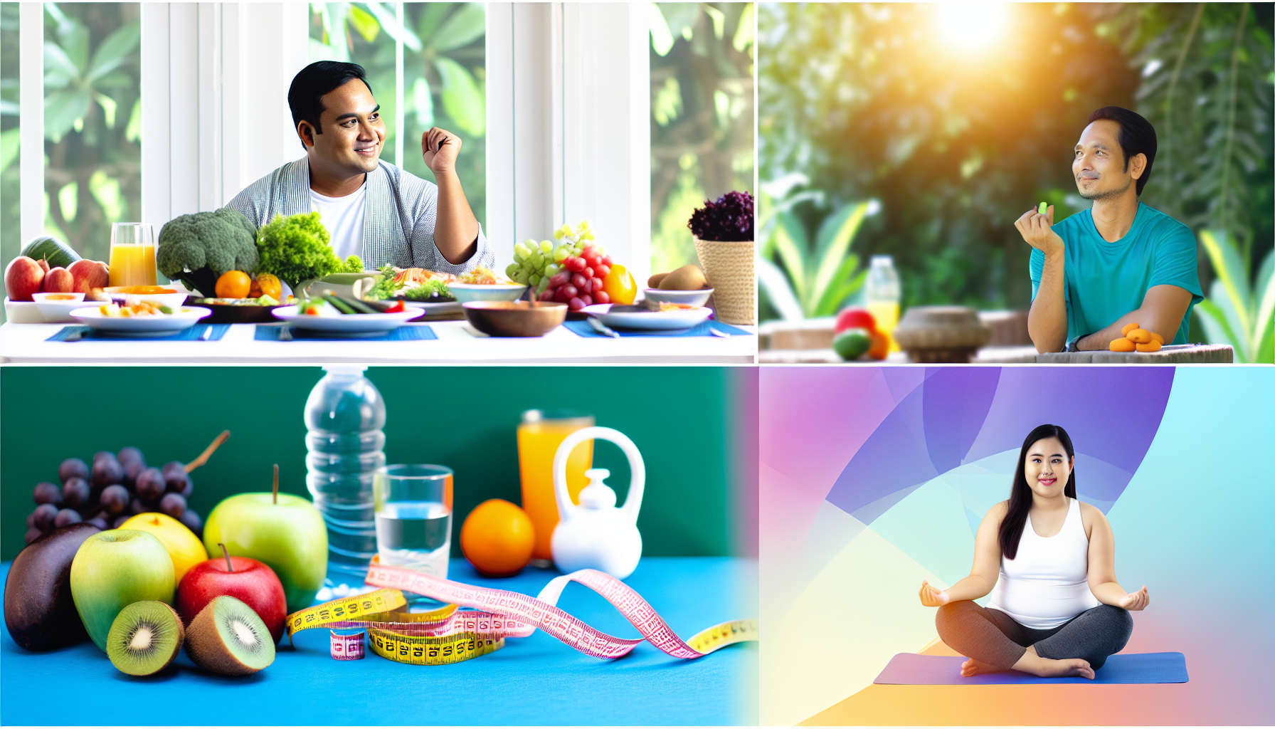 reduktion von magenfett: gesundheit und wohlbefinden 2 eine visuelle darstellung von gesundheit und wohlbefinden wã¤hrend des gewichtsverlustprozesses. sie zeigt eine ausgewogene, nahrhafte mahlzeit auf einem esstisch, bunte frã¼chte und gemã¼se sowie eine wasserflasche, die fã¼r hydration steht. auf der einen seite befindet sich ein mann sã¼dasiatischer abstammung, der in einer yoga-position engagiert ist und kã¶rperliche aktivitã¤t widerspiegelt. auf der anderen seite entspannt sich eine kaukasische frau in einer friedlichen umgebung, die ruhe und geistiges wohlbefinden reprã¤sentiert. die gesamte atmosphã¤re ist glã¼cklich, lebhaft und motivierend und ermutigt zu einem ganzheitlichen ansatz fã¼r gewichtsverlust und gesundes leben.