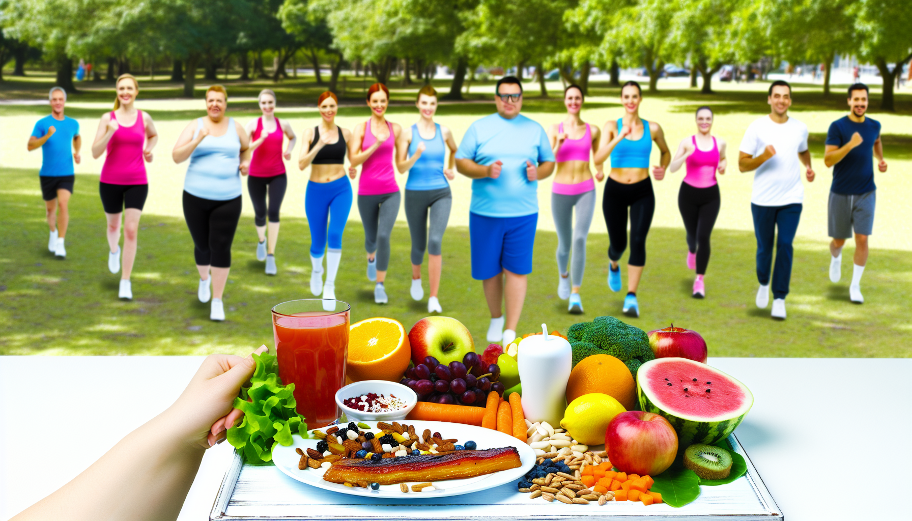erfolgreich abnehmen: grundlagen, strategien und tipps 3 ein bild, das das konzept von gesundheit und wohlbefinden wã¤hrend des gewichtsverlusts darstellt. eine vielfã¤ltige gruppe von menschen unterschiedlicher herkunft und geschlechter betã¤tigt sich in verschiedenen formen von bewegung (wie laufen, krafttraining und yoga) in einem park. neben der szene befindet sich ein ausgewogener teller mit nahrhaften lebensmitteln, der aus obst, gemã¼se, magerem eiwei㟠und vollkorn besteht. alle sehen glã¼cklich und zufrieden aus, was die freude an einem gesunden lebensstil veranschaulicht.