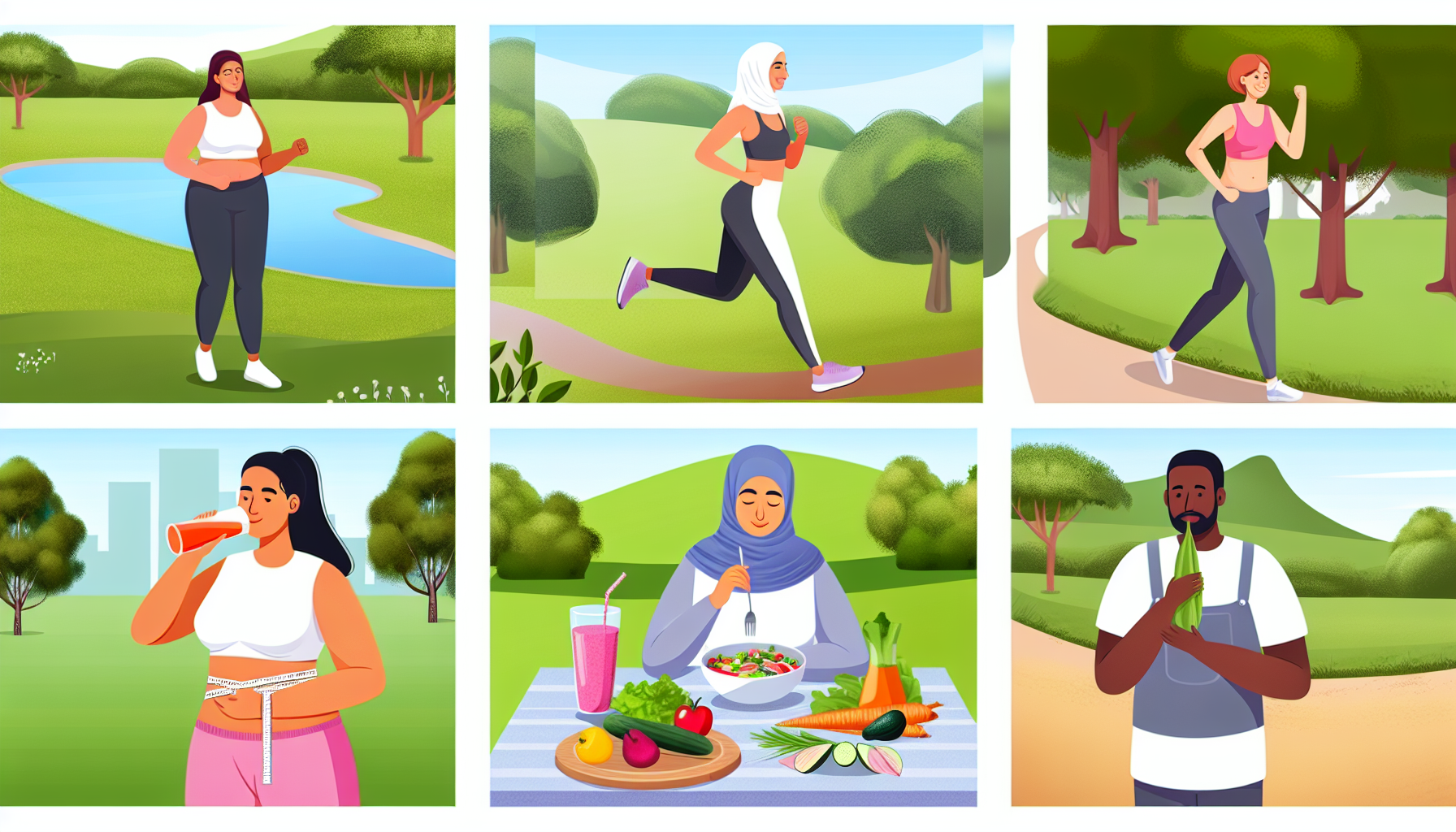 Eine Darstellung von Gesundheit und Wohlbefinden wÃ¤hrend des Gewichtsverlusts. Die Szene zeigt eine vielfÃ¤ltige Gruppe von Personen, die an verschiedenen gesunden AktivitÃ¤ten teilnehmen. Zum Beispiel joggt eine Frau aus dem Nahen Osten in einem Park, ein kaukasischer Mann bereitet eine nahrhafte Mahlzeit mit frischem GemÃ¼se zu, eine hispanische Frau praktiziert Yoga in einer ruhigen Umgebung, und ein schwarzer Mann trinkt einen Fruchtsmoothie. Alle diese Personen zeigen Anzeichen von Zufriedenheit und guter Gesundheit und verkÃ¶rpern das Wesen einer gesunden Gewichtsverlustreise.