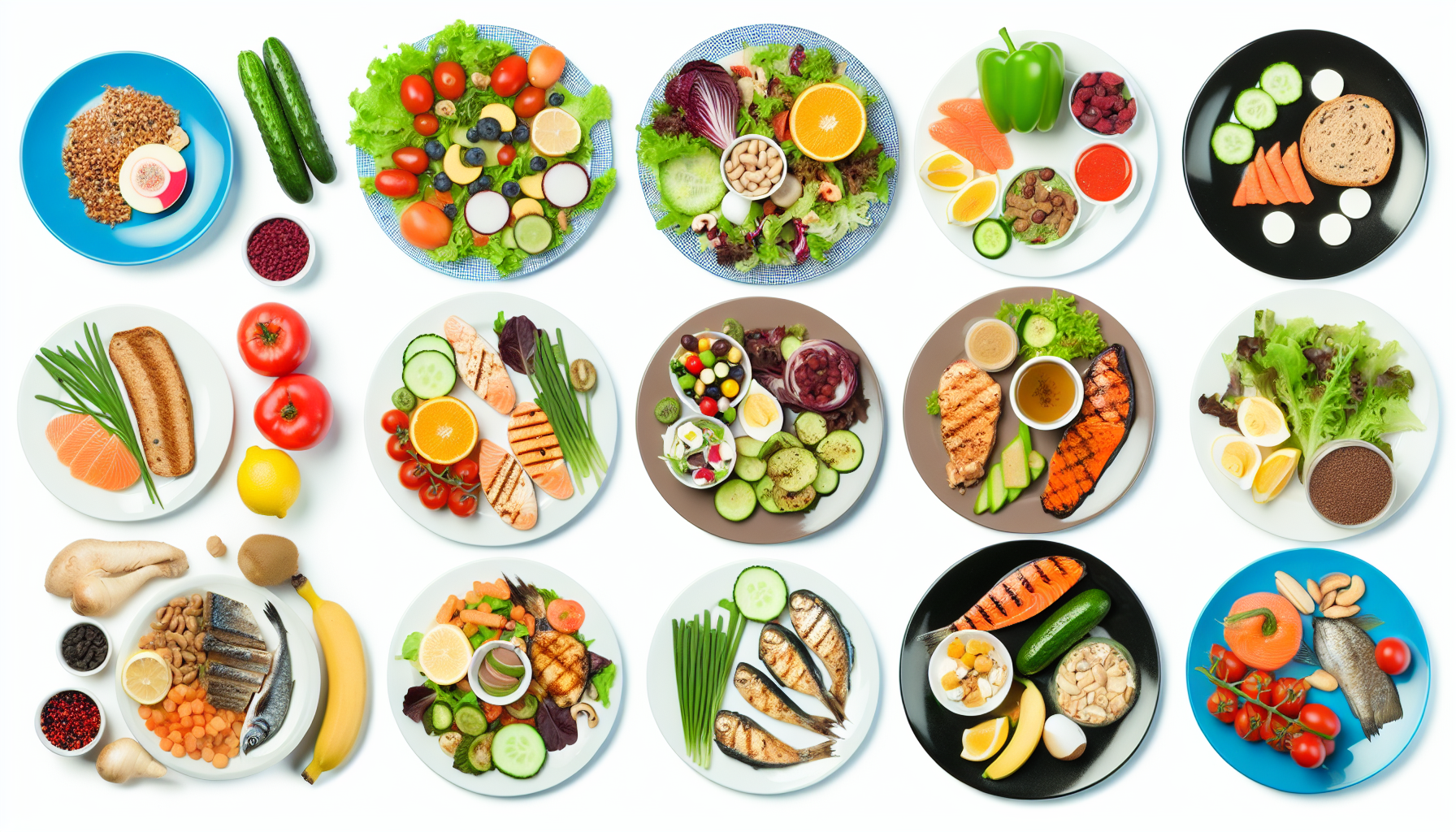 grundlagen der ernährung: ein leitfaden für anfänger 2 eine vielzahl von gesunden und ausgewogenen mahlzeiten, die auf verschiedenen tellern prã¤sentiert werden und eine abwechslungsreiche auswahl an diã¤ten veranschaulichen. dazu gehã¶ren vegetarische optionen wie salate und frisches obst, pescatarische gerichte wie gegrillter fisch und meeresfrã¼chte sowie fleischbasierte speisen wie gegrilltes hã¤hnchen und rindfleisch. all dies wird von einer vielzahl frischer gemã¼se und getreide umgeben, die jede diã¤tart ergã¤nzen.