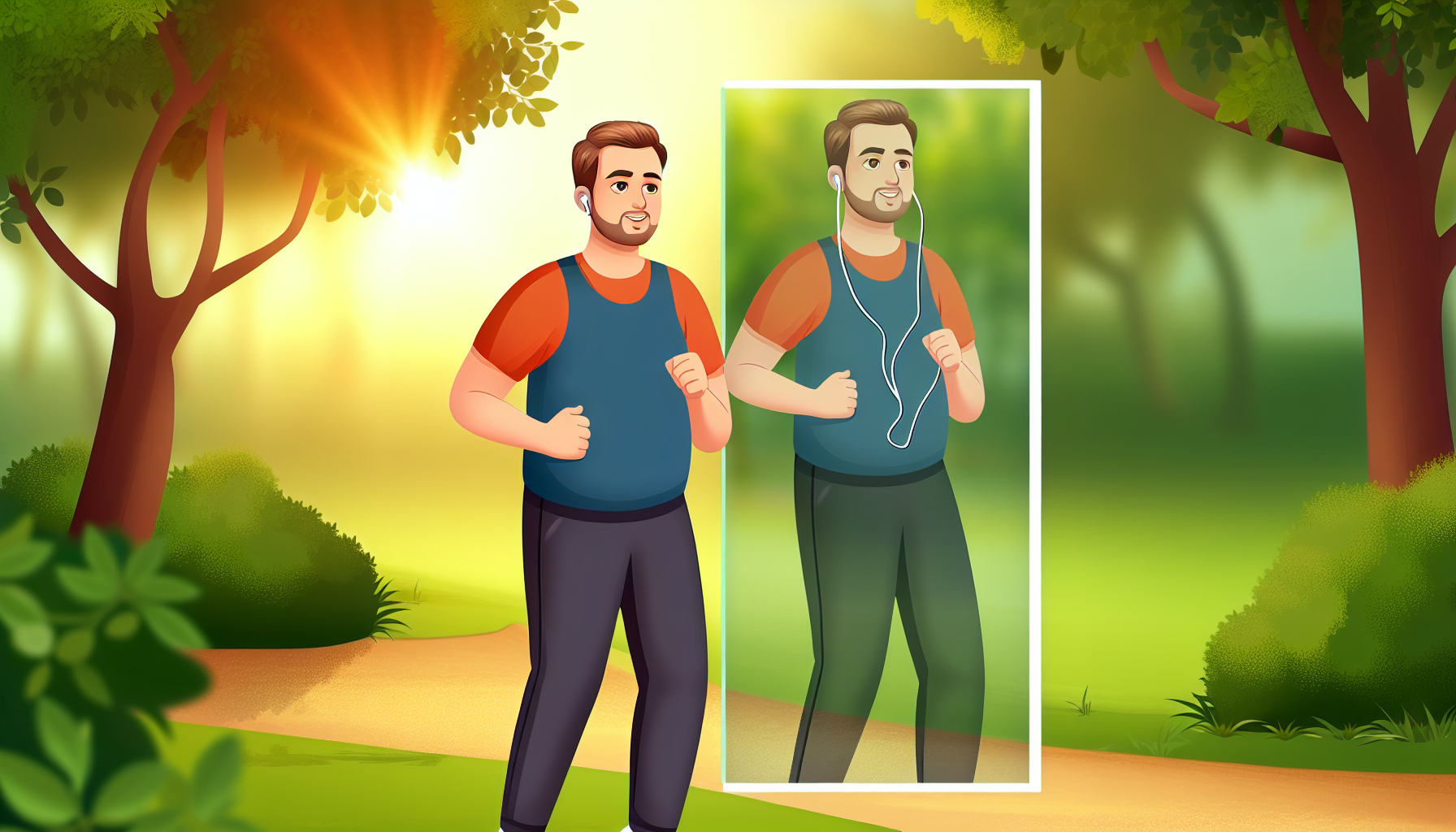 abnehmen mit schilddrüsenunterfunktion: tipps und strategien 2 illustration, die das konzept von gesundheit und wohlbefinden wã¤hrend des gewichtsverlusts darstellt. stellen sie sich einen kaukasischen mann vor, der am morgen in einem park joggt, gekleidet in bequeme sportkleidung, mit kopfhã¶rern in den ohren und einem entschlossenen ausdruck im gesicht. verleihen sie der szene mit der umgebenden grã¼nen natur eine ruhige und ansprechende atmosphã¤re fã¼r kã¶rperliche betã¤tigung im freien. die sonne geht sanft im hintergrund auf und strahlt einen warmen und inspirierenden ton aus.