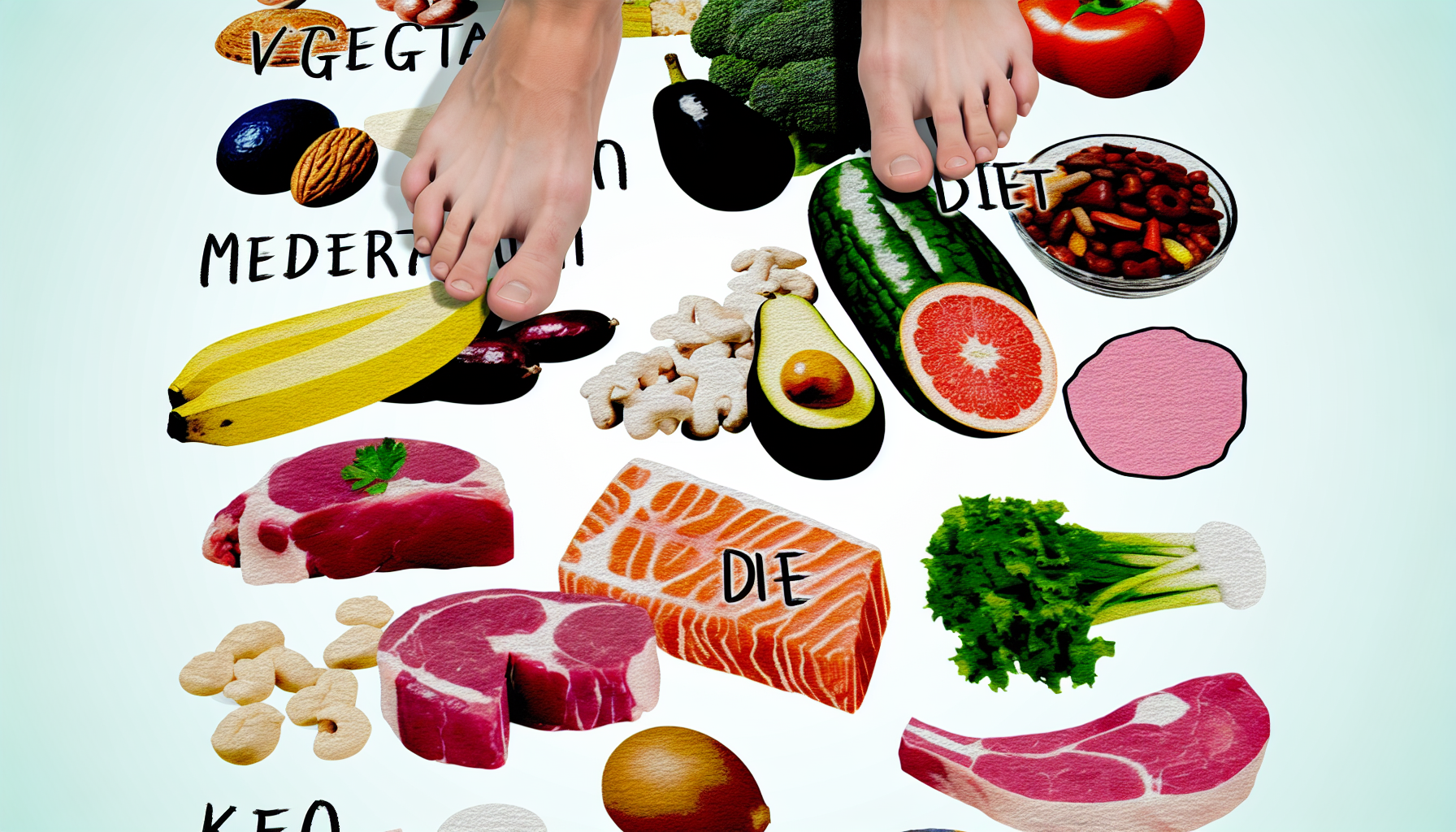 einführung in die paleo diät: vorteile und tipps 2 eine detaillierte darstellung verschiedener arten von menschlichen diã¤ten. das bild sollte reprã¤sentative lebensmittel aus einer vegetarischen diã¤t, einer paleo-diã¤t, einer mediterranen diã¤t und einer keto-diã¤t zeigen. jede lebensmittelgruppe sollte visuell unterscheidbar und separat angeordnet sein, um jede einzigartige diã¤t darzustellen.