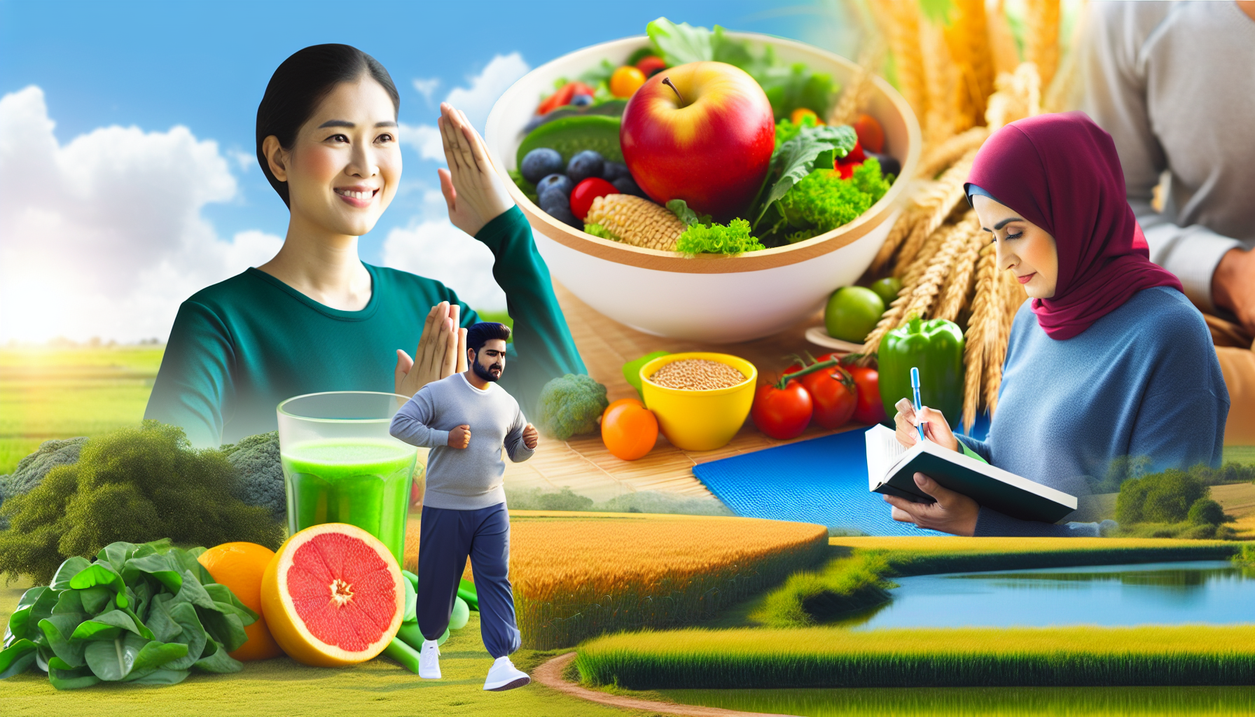 erfolgreich abnehmen: grundlagen, strategien und tipps 2 eine darstellung von gesundheit und wohlbefinden wã¤hrend des gewichtsverlusts. eine frau mit hispanischem hintergrund dehnt sich auf einer yogamatte in einem sonnigen park, wã¤hrend ein kaukasischer mann auf einem nahegelegenen weg joggt. in der ferne bereitet eine frau aus dem nahen osten einen gesunden salat voller lebendiger gemã¼se zu. ein sã¼dasiatischer mann ist in der nã¤he zu sehen, wie er ein buch ã¼ber ernã¤hrung durchblã¤ttert und einen grã¼nen smoothie trinkt. felder mit vollkornprodukten, obstbã¤ume und ein klarer blauer see, der fã¼r hydration steht, sind ebenfalls in der landschaft zu sehen.