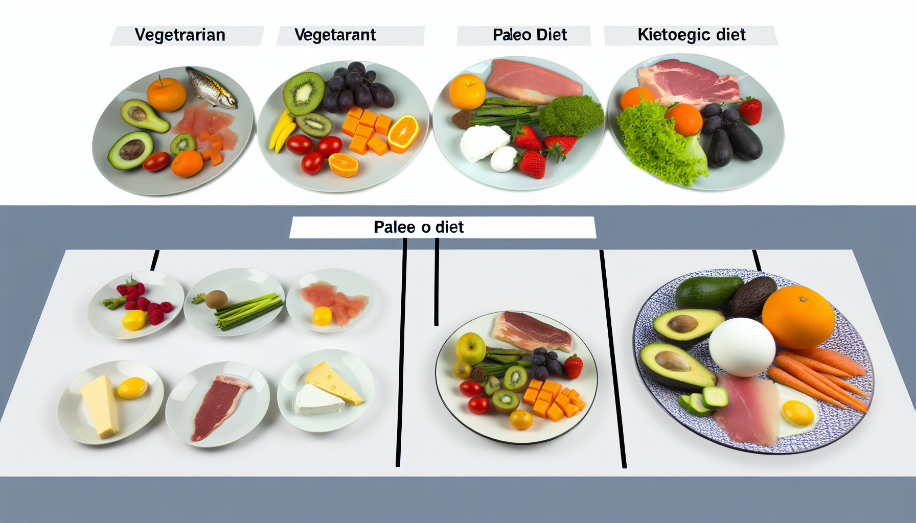 intermittierendes fasten: grundlagen, vorteile und tipps 3 verschiedene arten von diã¤ten visuell dargestellt. links anordnen teller, die eine vegetarische ernã¤hrung reprã¤sentieren, mit einer lebhaften vielfalt an frã¼chten und gemã¼se. in der mitte ein setting fã¼r die paleo-diã¤t installieren, dominiert von magerem fleisch und fisch, frã¼chten und gemã¼se. rechts eine ketogene diã¤t visualisieren mit fettreichen, kohlenhydratarmen lebensmitteln wie kã¤se, avocado und eiern. diese anordnung sollte einer vergleichenden studie ã¼ber diã¤ten ã¤hneln.