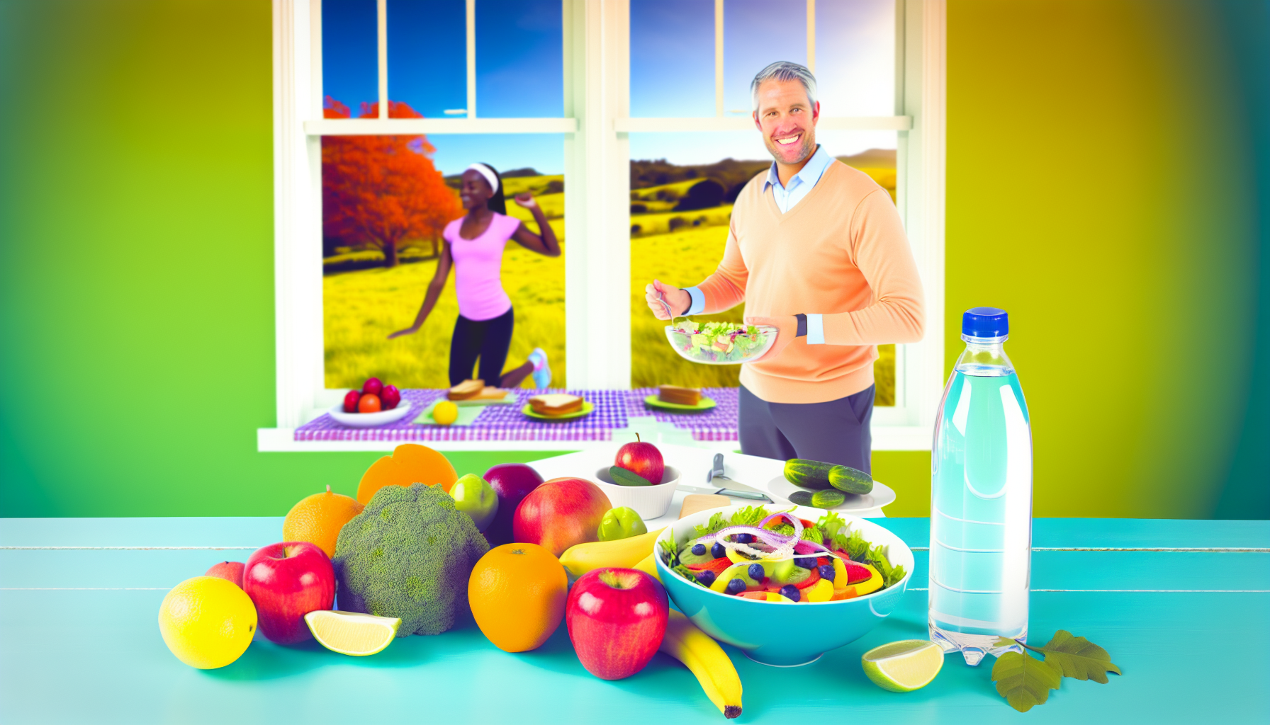 abnehmen bei hashimoto: ernährung, bewegung und stressmanagement 2 eine darstellung von gesundheit und wohlbefinden wã¤hrend des gewichtsverlusts. das bild zeigt einen lebhaften kã¼chentisch, der mit einer vielzahl von bunten frã¼chten und gemã¼se gefã¼llt ist, was eine ausgewogene ernã¤hrung symbolisiert, sowie eine gefã¼llte wasserflasche, die die bedeutung der hydration impliziert. in der nã¤he des tisches ist ein kaukasischer mann in seinen dreiãŸigern zu sehen, der glã¼cklich einen salat zubereitet und sein engagement fã¼r gesundes essen ausdrã¼ckt. neben ihm dehnt sich eine schwarze frau in sportkleidung, was kã¶rperliche aktivitã¤t als teil des gewichtsverlustprozesses veranschaulicht. drauãŸen am fenster ist ein sonniger tag sichtbar, der positivitã¤t auf dieser reise symbolisiert.
