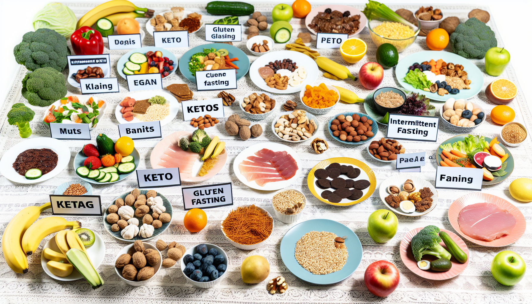 der jojo-effekt: vermeidung und erfolgreiche diäten 2 eine assortierte sammlung gesunder diã¤ten liegt auf einem tisch. von veganen mahlzeiten, die aus frã¼chten, gemã¼se und nã¼ssen bestehen, bis hin zu keto-mahlzeiten, die einen erheblichen anteil an proteinen und fetten enthalten, alles ordentlich angeordnet. eine visuelle darstellung des intervallfastens zeigt einen leeren teil des tisches, der die fastenstunden reprã¤sentiert. glutenfreie mahlzeiten enthalten lebensmittel wie quinoa, braunen reis und frã¼chte. die paleo-diã¤t umfasst mageres fleisch und fisch, frã¼chte, gemã¼se, nã¼sse und samen. alle diã¤ten sind mit namensschildern auf der tischdecke versehen.