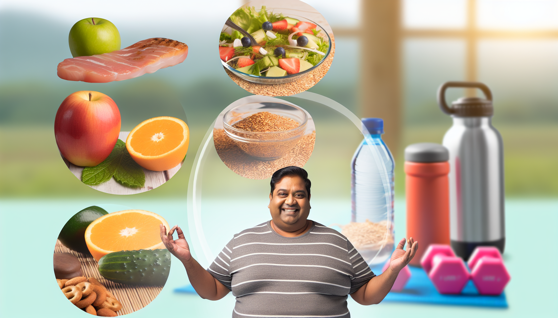 hypnose für gewichtsreduktion: grundlagen und techniken 3 ein bild, das das konzept von gesundheit und wohlbefinden wã¤hrend des gewichtsverlusts darstellt. es zeigt eine ausgewogene mahlzeit, die frisches obst, mageres eiwei㟠und vollkornprodukte umfasst und die ernã¤hrung fã¼r den gewichtsverlust widerspiegelt. auãŸerdem ist eine wasserflasche zu sehen, die fã¼r hydration steht, sowie fitnessgerã¤te wie hanteln und eine yogamatte fã¼r bewegung, und eine friedliche umgebung, die ruhe und stressbewã¤ltigung suggeriert. zudem ist eine person sã¼dasiatischer abstammung zu sehen, die etwas krã¤ftiger ist, aber enthusiastisch lã¤chelt und die freude an der gewichtsverlustreise zeigt.