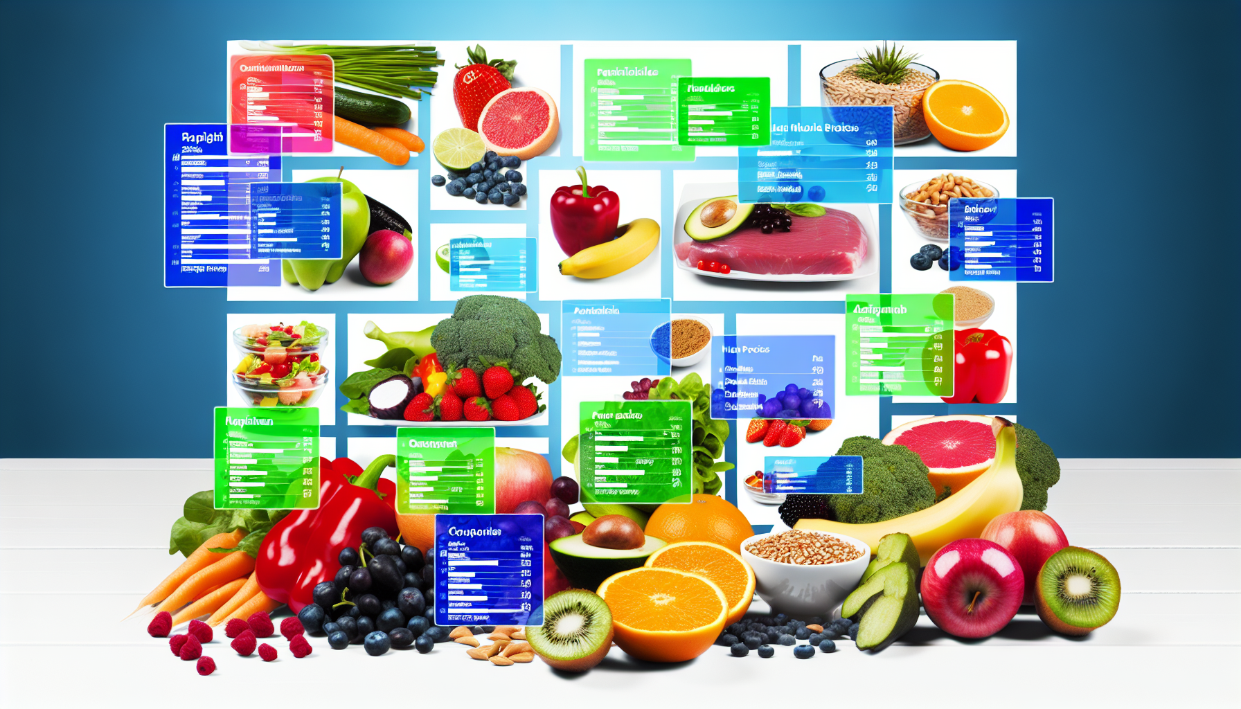 low-carb-diäten: definition, arten und vorteile 3 eine darstellung einer vielzahl von ausgewogenen, gesunden ernã¤hrungsplã¤nen, die frisches obst, gemã¼se, mageres eiwei㟠und vollkornprodukte umfasst, alles auf visuell ansprechende weise prã¤sentiert, einschlieãŸlich nã¤hrwertkennzeichnungen.