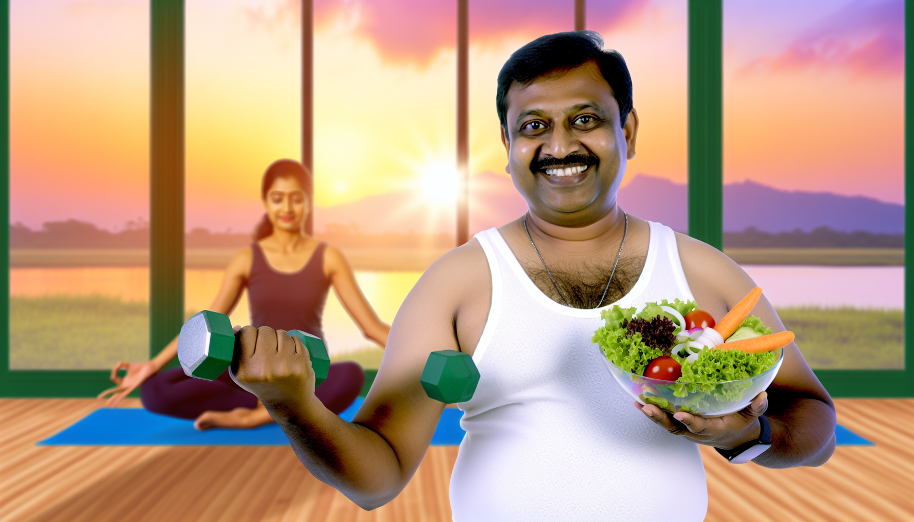 gesundes abnehmen: strategien für langfristigen erfolg 3 ein konzept von gesundheit und wohlbefinden beim abnehmen. stellen sie sich ein bild einer person sã¼dasiatischer abstammung vor, die ein selbstbewusstes lã¤cheln trã¤gt und in einer hand einen bunten salat hã¤lt, wã¤hrend sie in der anderen hand hanteln hã¤lt. sie zeigt ihre muskulã¶sen arme, was ihre kã¶rperliche fitness symbolisiert. im hintergrund gibt es eine ruhige yoga-einrichtung, die frieden und gelassenheit symbolisiert. die untergehende sonne drauãŸen am fenster verspricht einen neuanfang. dies ist eine ruhige, aber motivierende darstellung des erhalts des wohlbefindens beim abnehmen.