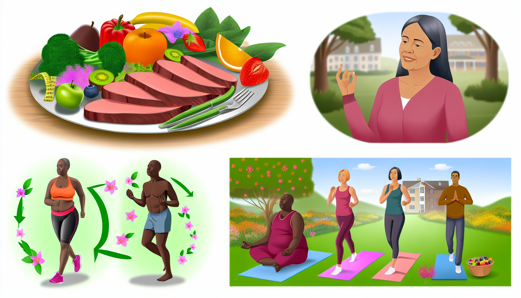 abnehmen nach der schwangerschaft: tipps für mütter 3 darstellung einer gesunden und wohlfã¼hlorientierten gewichtsabnahme-reise. illustrieren sie eine ausgewogene mahlzeit mit bunten frã¼chten, gemã¼se und mageren proteinen. zeigen sie eine person, die sich kã¶rperlich betã¤tigt, vielleicht eine mittelalte kaukasische frau, die in einem park mit bã¤umen und blumen im hintergrund joggt. visualisieren sie auch friedliche wellness-aktivitã¤ten, wie einen schwarzen mann, der auf einer matte yoga praktiziert. betonen sie die freude, die diese aktivitã¤ten bringen, und die positive transformation ihrer kã¶rper.