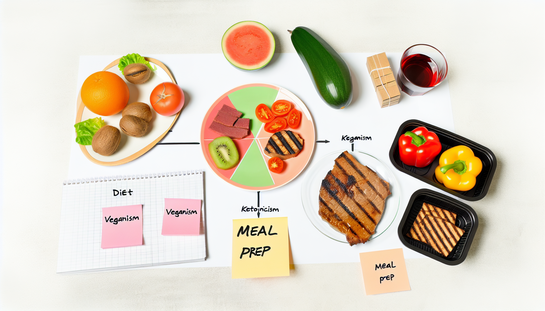 optimale diäten für sportler: ernährung für leistung und regeneration 2 eine visuelle darstellung verschiedener ernã¤hrungsplã¤ne. dies umfasst einen teller mit portionierten abschnitten, die eine ausgewogene ernã¤hrung reprã¤sentieren, obst und gemã¼se fã¼r den veganismus, gegrilltes fleisch fã¼r eine ketogene diã¤t und einen stapel von meal-prep-boxen fã¼r ein meal-planning-regime. neben jeder darstellung ist eine handgeschriebene notiz zu sehen, die die wichtigsten aspekte jeder diã¤t beschreibt.