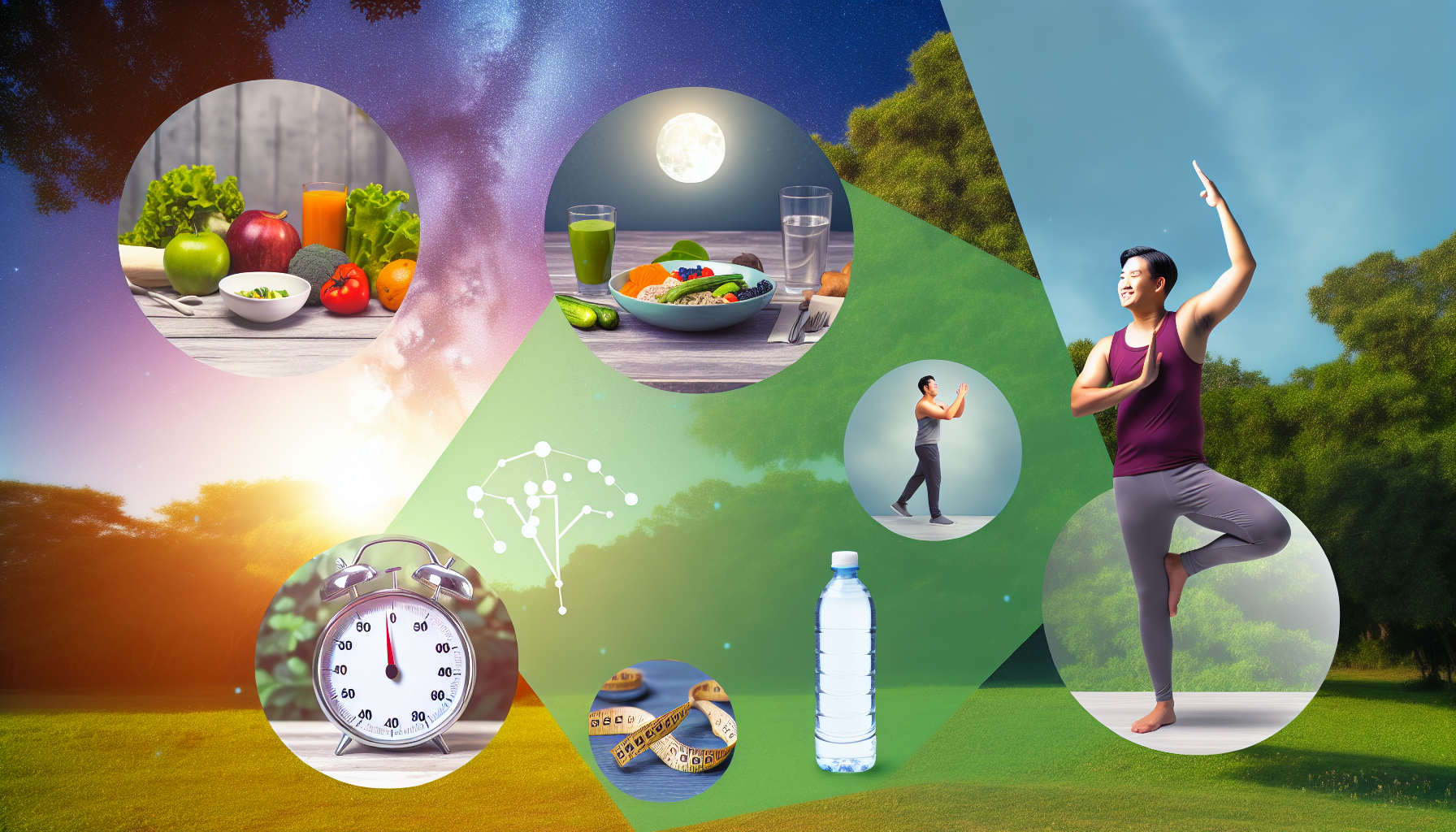 ernährungsgrundlagen für effektives abnehmen 3 ein bild, das gesundheit und wohlbefinden beim abnehmen fã¶rdert. es zeigt visuelle elemente wie eine gesunde, ausgewogene mahlzeit aus obst, gemã¼se und magerem protein, die auf einem esstisch angerichtet ist. ein aktiver mann asiatischer abstammung in sportkleidung fã¼hrt in einer friedlichen umgebung voller grã¼n eine yoga-position aus. symbolische elemente wie eine waage, die eine verringerte zahl anzeigt und auf gewichtsverlust hinweist, sind ebenfalls enthalten. zudem wird die bedeutung von hydration durch eine wasserflasche dargestellt, und ein erholsamer schlaf wird durch einen ruhigen nachthimmel mit mond und sternen reprã¤sentiert.