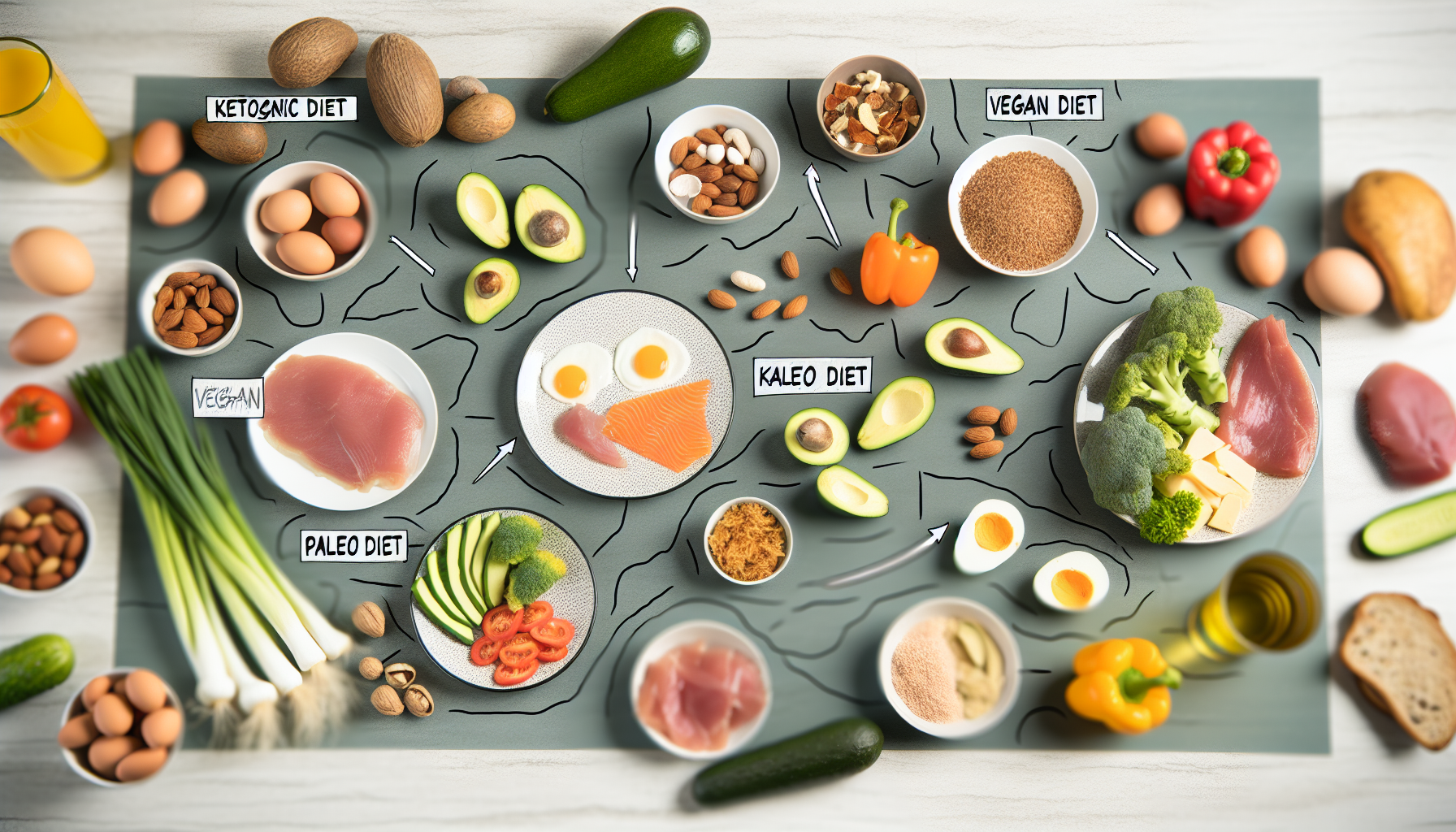 low-carb-diäten: definition, arten und vorteile 2 eine detaillierte illustration verschiedener diã¤tarten - ansicht einer arbeitsplatte, die mit lebensmitteln ausgestattet ist, die die ketogene diã¤t reprã¤sentieren, wie avocados, eier und fleisch; die vegane diã¤t mit verschiedenen frã¼chten, gemã¼se und getreide; und die paleo-diã¤t mit magerem fleisch, fisch, gemã¼se und nã¼ssen. fã¼gen sie beschriftungen zu jedem arrangement hinzu, um die art der diã¤t zu identifizieren.