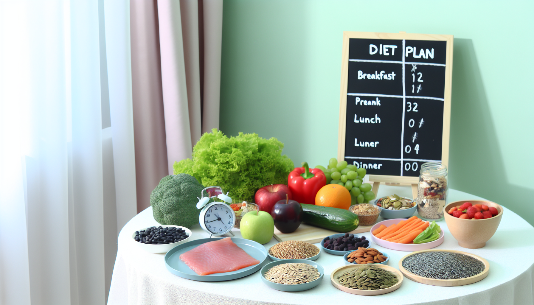 die grundlagen der ketogenen diät: vorteile und risiken 2 ein tisch mit einer auswahl verschiedener diã¤tlebensmittel. die lebensmittel bestehen aus gemã¼se, obst, samen und magerem fleisch. es gibt ein kleines tafelchen mit einem essensplan, auf dem ein zeitplan fã¼r frã¼hstã¼ck, mittagessen und abendessen geschrieben steht. der hintergrund hat hellgrã¼ne wã¤nde und weiãŸe vorhã¤nge.