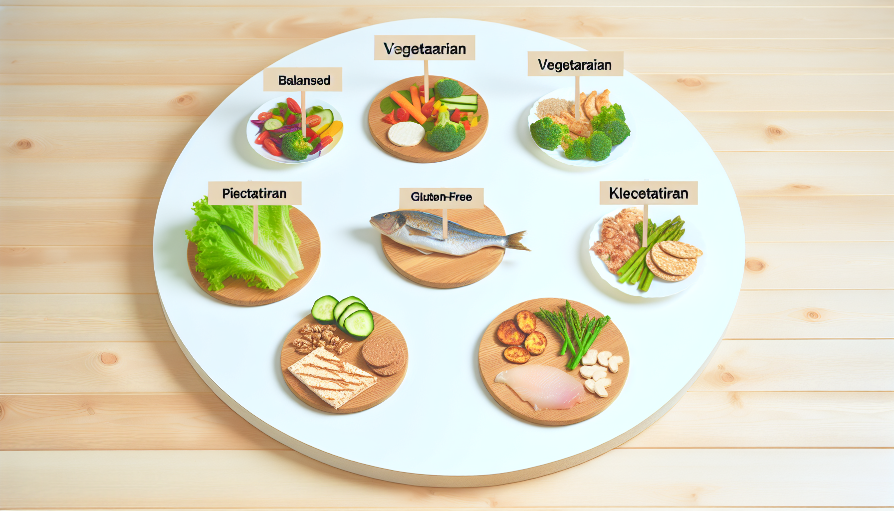schnelle diäten: chancen und risiken im überblick 3 ein bild von verschiedenen arten von diã¤ten und essensplã¤nen. dazu gehã¶rt eine ausgewogene mahlzeit mit gemã¼se und magerem protein, eine vegetarische mahlzeit mit reichhaltigen quellen pflanzlichen proteins, eine pescetarische mahlzeit mit fisch und gemã¼se, eine glutenfreie mahlzeit ohne weizen und getreide sowie eine ketogene mahlzeit, die reich an fetten und arm an kohlenhydraten ist. jede mahlzeit sollte klar voneinander unterschieden und auf einem runden holztisch platziert sein.