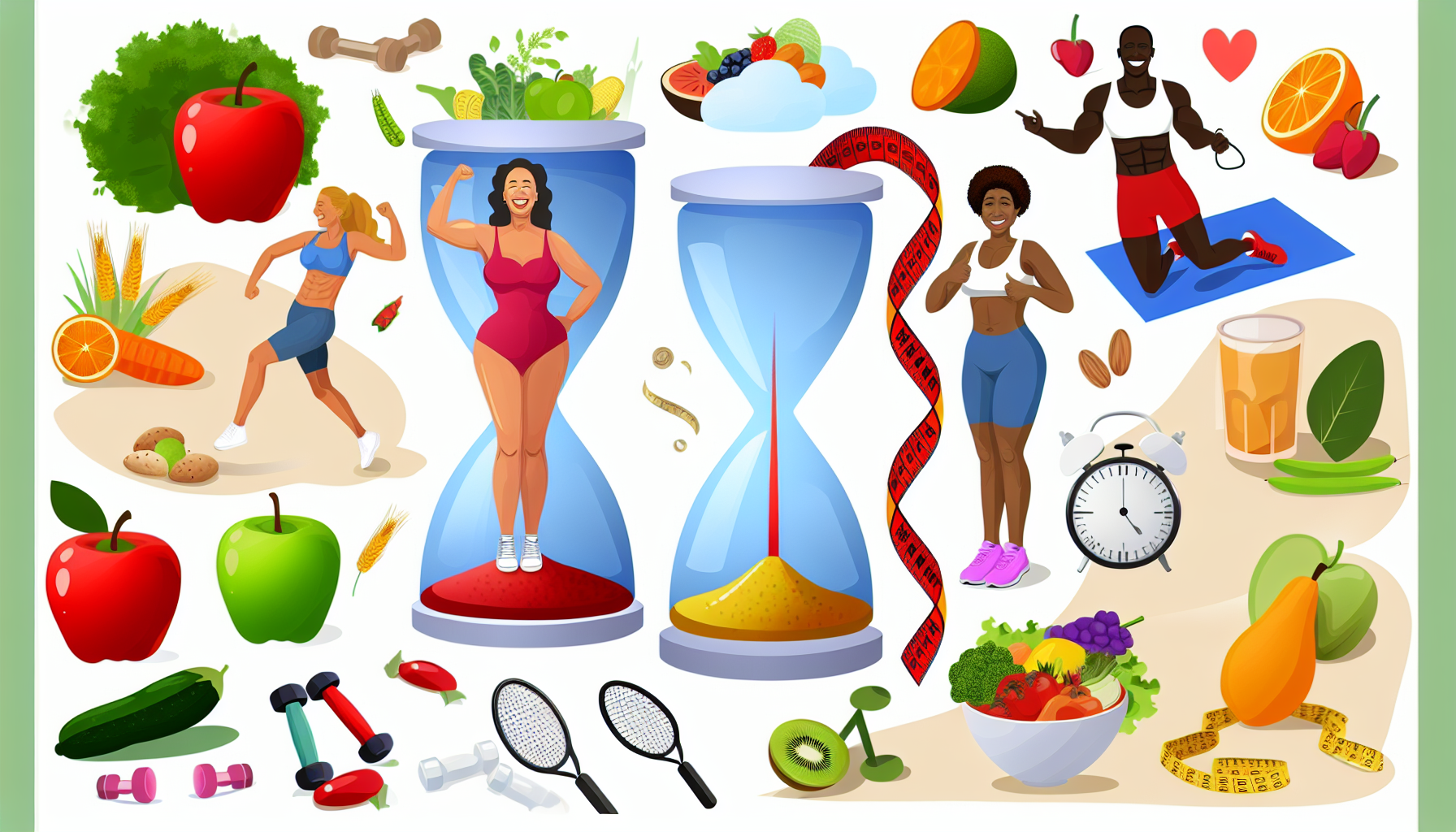 abnehmen mit hashimoto: herausforderungen und lösungen 2 eine illustration, die gesundheit und wohlbefinden im kontext von gewichtsverlust darstellt. zeigen sie eine vielzahl von nahrhaften lebensmitteln wie obst, gemã¼se und mageren proteinen sowie hinweise auf kã¶rperliche aktivitã¤ten wie laufschuhe, eine yogamatte oder ein fahrrad, um bewegung zu symbolisieren. fã¼gen sie eine sanduhrfigur hinzu, um das ziel des gewichtsverlusts darzustellen, aber stellen sie sicher, dass sie einen gesunden und moderaten ansatz kommuniziert. stellen sie eine kaukasische frau dar, die freudig eine ausgewogene ernã¤hrung genieãŸt, und einen afrikanischen mann, der regelmã¤ãŸig sport treibt, wobei beiden geschlechtern und verschiedenen abstammungen gleichwertige bedeutung auf dem weg zur fitness beigemessen wird.