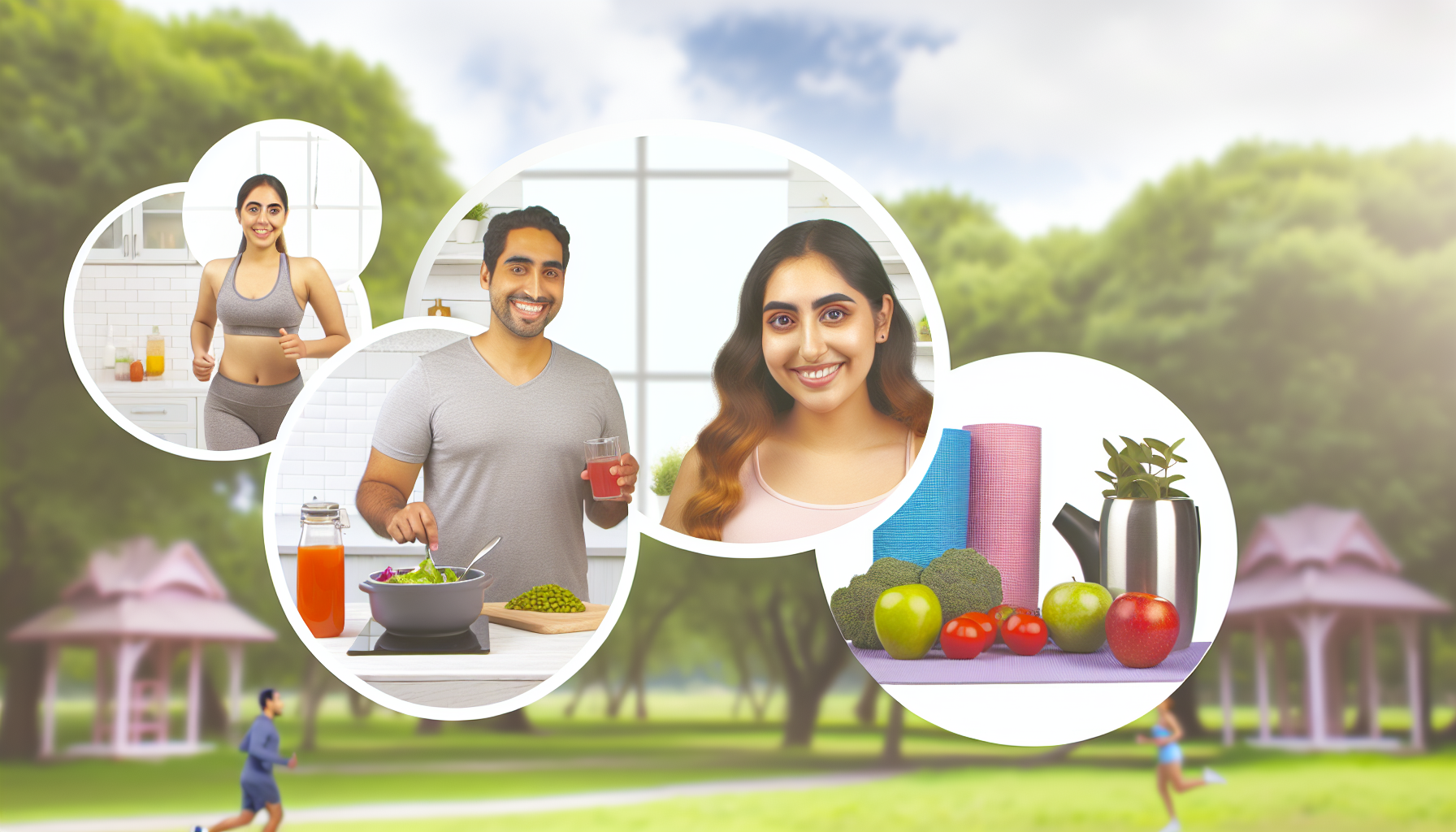 abnehmen nach der schwangerschaft: tipps für mütter 2 eine darstellung von gesundheit und wohlbefinden wã¤hrend des gewichtsverlustprozesses. zeigen sie einen mann mit mittlerer ã¶stlicher abstammung und eine frau mit hispanischer abstammung, die an verschiedenen gesunden aktivitã¤ten teilnehmen, wie joggen in einem park, zubereiten einer nahrhaften mahlzeit oder praktizieren von yoga. lassen sie sie glã¼cklich und zufrieden aussehen und einen ausgewogenen lebensstil verkã¶rpern. die umgebung sollte ein gefã¼hl von ruhe und gelassenheit hervorrufen, wie ein ruhiger park oder eine gut beleuchtete wohnkã¼che. fã¼gen sie zusã¤tzliche elemente des wohlbefindens hinzu, wie frisches obst, wasserflaschen oder yogamatten.