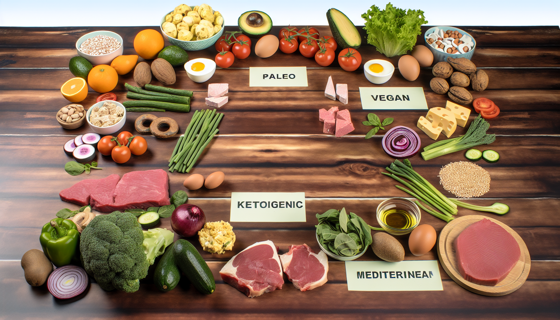 optimale diäten für sportler: ernährung für leistung und regeneration 3 ein array verschiedener gesunder lebensmittel, die verschiedene diã¤tarten symbolisieren. es kã¶nnte abschnitte fã¼r die paleo-, vegane, ketogene und mediterrane diã¤t geben, die jeweils durch typische lebensmittel aus diesen diã¤ten gekennzeichnet sind. der abschnitt der paleo-diã¤t kã¶nnte fleisch, frã¼chte und gemã¼se enthalten. der vegane abschnitt kã¶nnte tofu, getreide und eine vielzahl von gemã¼se umfassen. der ketogene abschnitt kã¶nnte fettreiche, kohlenhydratarme lebensmittel wie avocados, eier und kã¤se zeigen. die mediterrane diã¤t kã¶nnte durch fisch, olivenã¶l und frisches gemã¼se reprã¤sentiert werden. um das bild zusammenzubringen, kã¶nnte es auf einem groãŸen holztisch platziert sein.