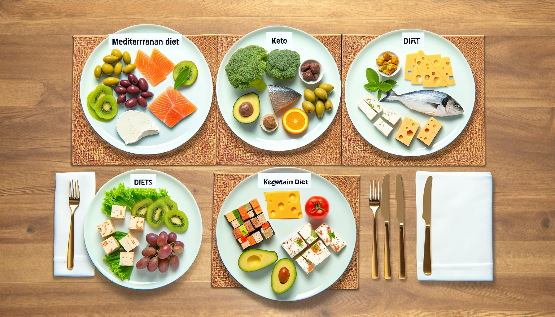 pflanzenbasierte diäten: definition, arten und vorteile 3 eine visuelle darstellung verschiedener diã¤tarten, wie die mediterrane diã¤t mit oliven, fisch, frischen frã¼chten und gemã¼se, ein keto-diã¤t-teller voller fettreicher, kohlenhydratarmer lebensmittel wie kã¤se, avocados und lachs, sowie die vegetarische diã¤t, die aus tofu, frischen frã¼chten und gemã¼se besteht. jede diã¤t ist deutlich beschriftet und wird auf einem runden teller serviert, der ordentlich nebeneinander auf einem holztisch platziert ist. die tischdekoration ist komplett mit gabeln, messern und ordentlich gefalteten servietten neben jedem teller.