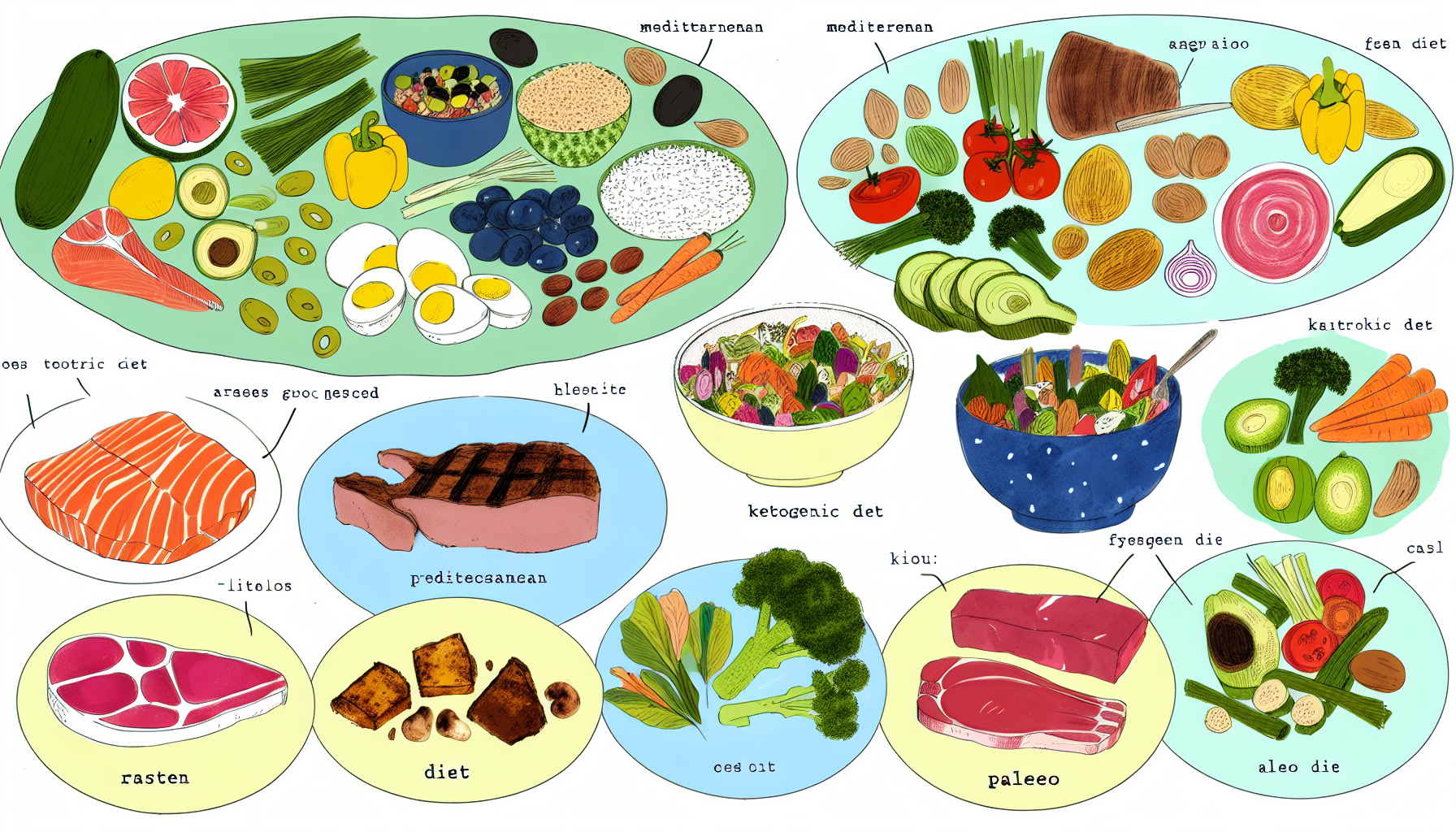 pflanzenbasierte diäten: definition, arten und vorteile 2 eine detaillierte darstellung verschiedener diã¤tarten. n**mittelmeerdiã¤t**: ein teller mit oliven, frischem gemã¼se und vollkornprodukten. diese diã¤t betont gesunde fette, frische zutaten und eine vielzahl von aromen.n**asiatische diã¤t**: eine schã¼ssel reis, tofu und gebratenes gemã¼se. diese diã¤t ist reich an pflanzlichen lebensmitteln und verwendet oft sojasauce und gewã¼rze fã¼r zusã¤tzlichen geschmack.n**ketogene diã¤t**: ein teller voller gegrillter fleischsorten und blattgemã¼se. diese diã¤t konzentriert sich auf eine hohe fettaufnahme und eine sehr niedrige kohlenhydratzufuhr.n**vegane diã¤t**: eine bunte auswahl an frã¼chten und gemã¼se. diese diã¤t schlieãŸt alle tierischen produkte aus und fã¶rdert eine vielzahl von pflanzlichen lebensmitteln.n**paleo-diã¤t**: mageres fleisch, fisch und frische produkte. diese diã¤t orientiert sich an der ernã¤hrung unserer vorfahren und betont unverarbeitete lebensmittel.njede diã¤t sollte in verschiedenen abschnitten mit beschriftungen zur identifizierung dargestellt werden.
