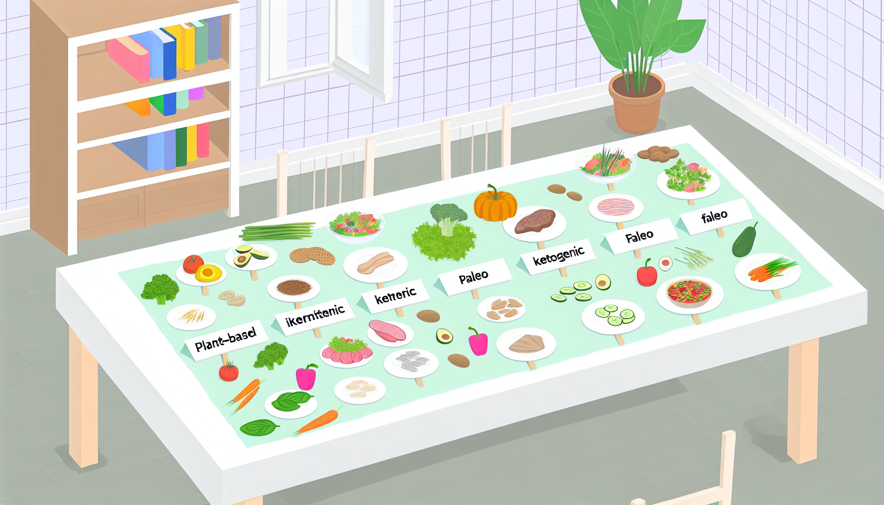 vegetarische diäten: arten, vorteile und rezepte 3 verschiedene arten von diã¤ten, einschlieãŸlich pflanzenbasierter, ketogener, palã¤o und intermittierendes fasten, dargestellt in einer ordentlichen und organisierten tabelle mit einer auswahl an lebensmitteln, die fã¼r jede diã¤t relevant sind. jeder abschnitt der tabelle, der einer anderen diã¤t entspricht, sollte mit beschrifteten schildern gekennzeichnet sein. der hintergrund sollte eine einfache kã¼chenszene zeigen.