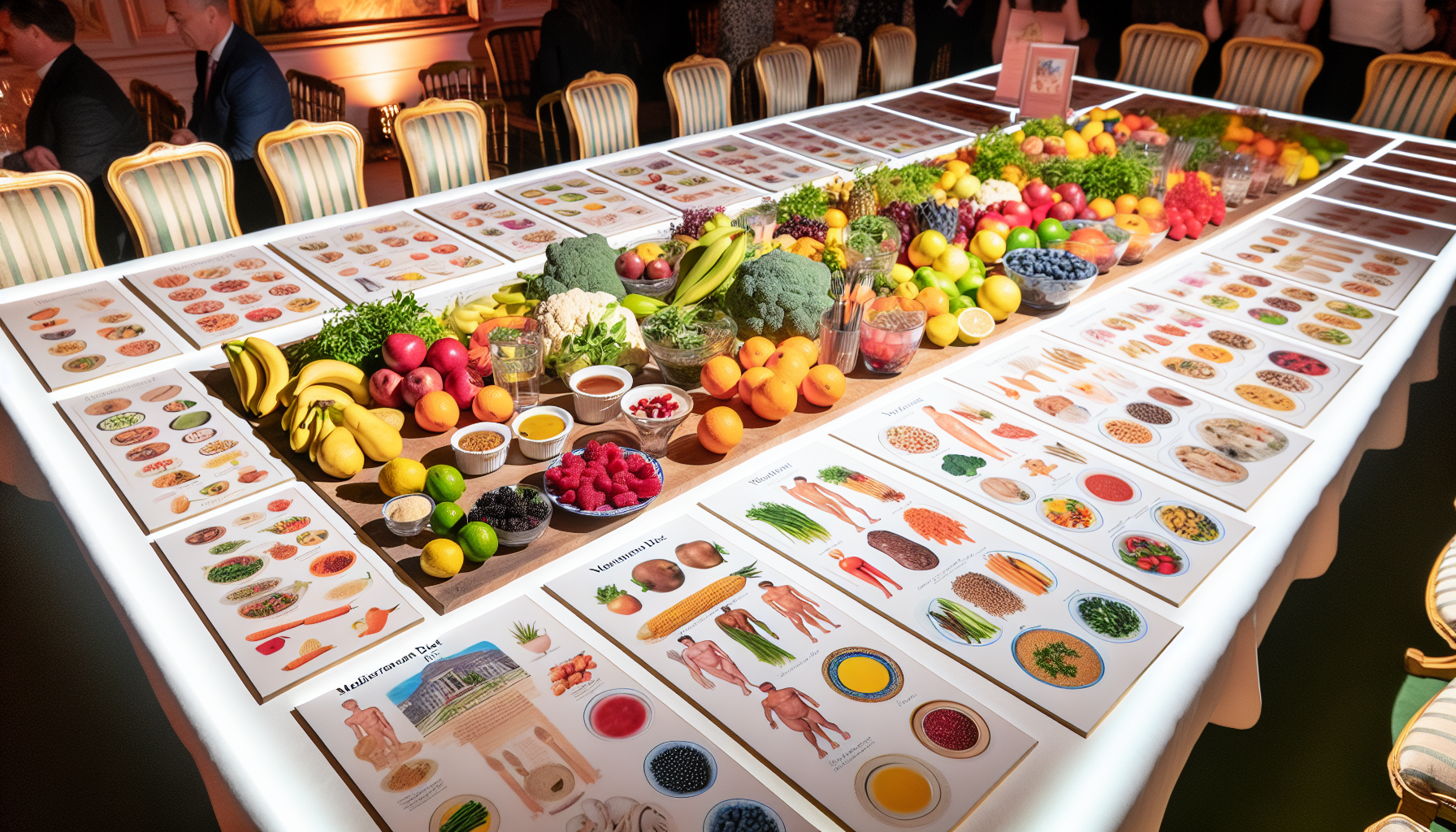 eine vielzahl von nahrhaften di&atilde;&curren;ten wird &atilde;&curren;sthetisch auf einem gro&atilde;Ÿen esstisch pr&atilde;&curren;sentiert. der tisch bietet eine auswahl an lebhaften fr&atilde;&frac14;chten, gem&atilde;&frac14;se, mageren proteinen und vollkornprodukten. einige di&atilde;&curren;ten sind deutlich getrennt, darunter die mediterrane di&atilde;&curren;t mit reichlich frischen fr&atilde;&frac14;chten, fisch und oliven&atilde;&para;l, eine vegane di&atilde;&curren;t mit einer vielzahl pflanzlicher lebensmittel und eine keto-di&atilde;&curren;t mit gesunden fetten und proteinen. rund um den tisch gibt es illustrierte leitf&atilde;&curren;den, die informationen &atilde;&frac14;ber die gesundheitlichen vorteile jeder di&atilde;&curren;t bereitstellen, was das ganze zu einem lehrreichen sowie geschmackvollen erlebnis macht. die gesamte umgebung ist warm beleuchtet und schafft eine einladende atmosph&atilde;&curren;re.