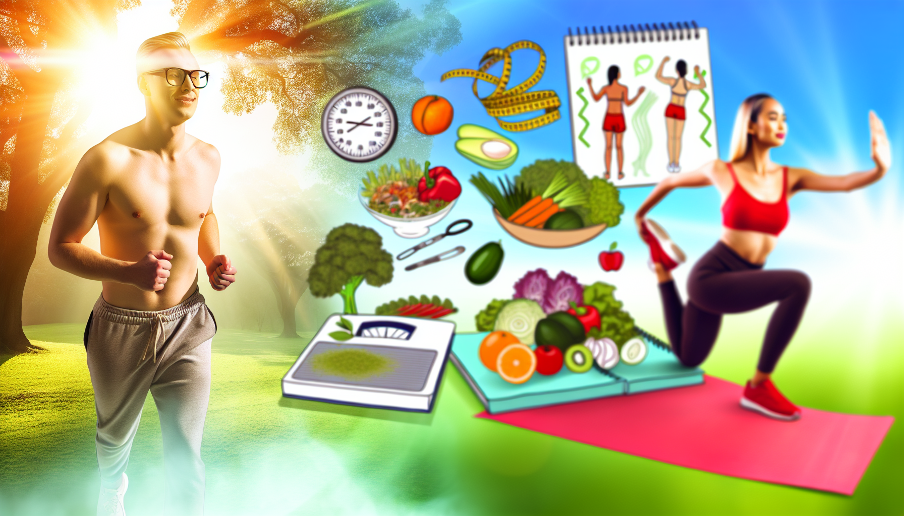 gesunde ernährung für effektives abnehmen 2 eine illustration, die konzepte von gesundheit und wohlbefinden wã¤hrend einer gewichtsabnahme-reise darstellt. im vordergrund joggt ein kaukasischer mann mit brille, blonden haaren und einem fitten kã¶rperbau in einem ã¼ppig grã¼nen park, mit einer wasserflasche in der hand. an seiner seite zeigt eine sã¼dasianische yoga-lehrerin eine dehnã¼bung auf einer leuchtend roten matte. im hintergrund sind eine auswahl an gesunden und nahrhaften lebensmitteln wie obst, gemã¼se und mageren proteinen zu sehen. in der ferne verschwommen sind ein notizbuch mit schriftlichen zielen und fortschritten, eine waage und ein lichtdurchflutetes fitnessstudio zu erkennen. all dies spiegelt einen ganzheitlichen ansatz fã¼r einen gesunden lebensstil zur gewichtsreduktion wider.