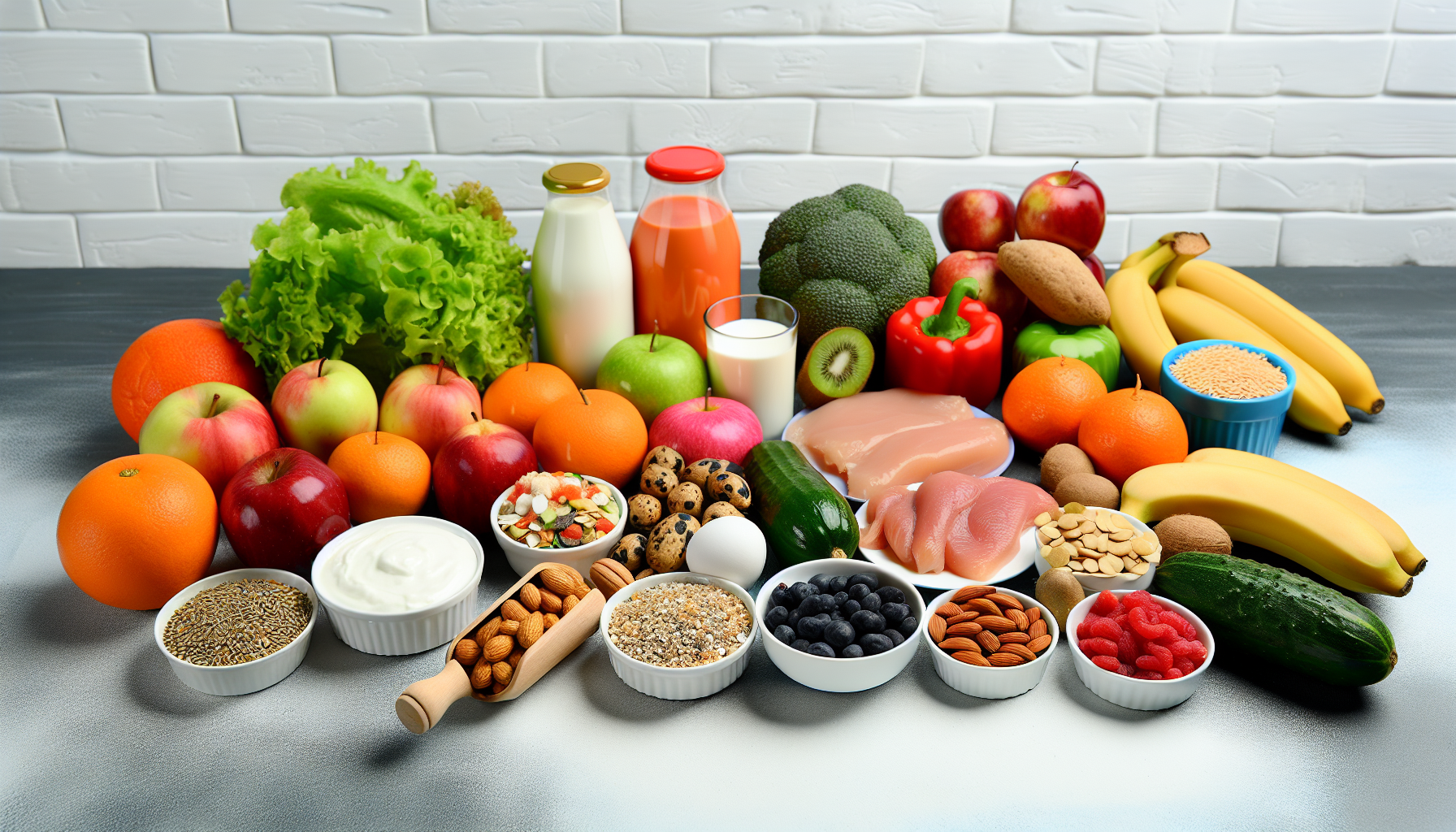 schnelle diäten: vor- und nachteile im überblick 2 ein array verschiedener gesunder lebensmittel, die in verschiedenen ernã¤hrungsregimen verwendet werden. dazu gehã¶ren frã¼chte, gemã¼se, getreide, mageres eiwei㟠und milchprodukte. die szene sollte in einer bunten und appetitlichen weise gestaltet sein, um das konzept einer ausgewogenen ernã¤hrung darzustellen.