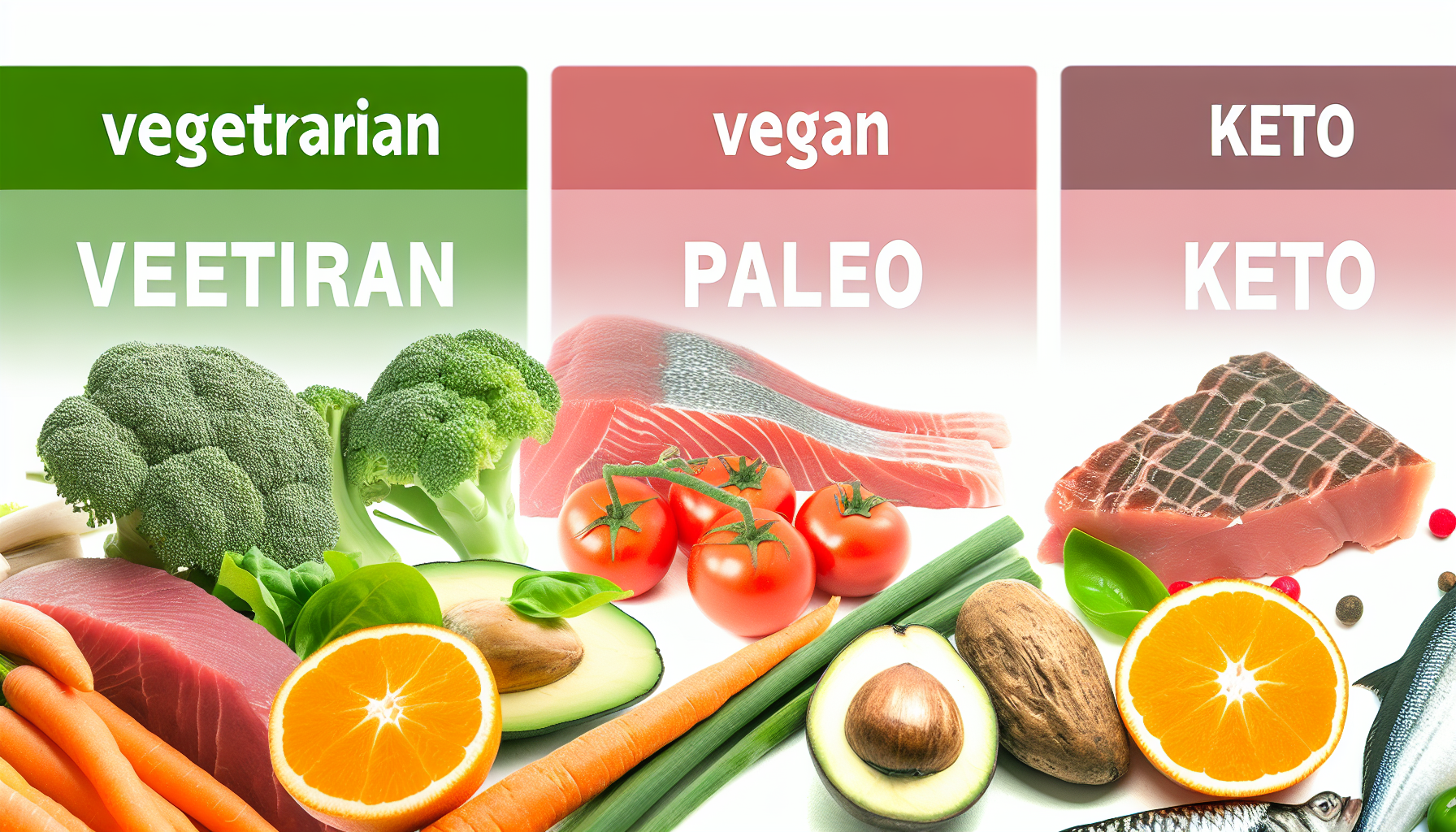 diäten: definition, typen und tipps zur gewichtsreduktion 3 visuelle darstellung verschiedener diã¤tarten, einschlieãŸlich vegetarisch, vegan, paleo und keto. das bild sollte verschiedene arten von lebensmitteln zeigen, die in diesen diã¤ten hã¤ufig konsumiert werden. dazu kã¶nnten frisches obst und gemã¼se fã¼r die vegetarische und vegane ernã¤hrung, fleisch und fisch fã¼r die paleo-diã¤t sowie fettreiche, kohlenhydratarme lebensmittel fã¼r die keto-diã¤t gehã¶ren.