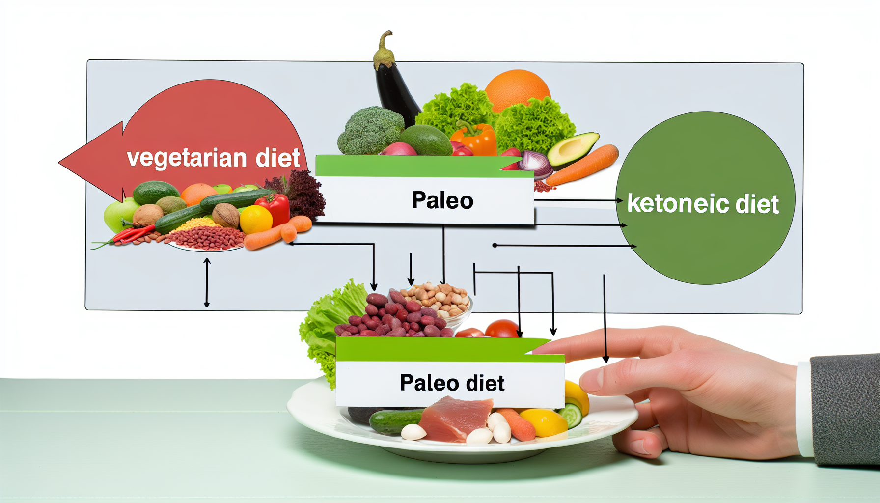 schnelle diäten: vor- und nachteile im überblick 3 ein bild, das das konzept verschiedener diã¤tarten veranschaulicht. dies kann dinge wie eine vegetarische diã¤t umfassen, die frische frã¼chte, gemã¼se und hã¼lsenfrã¼chte zeigt, eine paleo-diã¤t mit magerem fleisch und eine ketogene diã¤t, die gesunde fette prã¤sentiert. jede diã¤t kã¶nnte durch einen unterschiedlichen abschnitt des bildes dargestellt werden, mã¶glicherweise mit einem etikett, das ihren namen anzeigt. bitte fã¼gen sie eine vielzahl von frischen, bunten lebensmitteln hinzu, um eine visuell ansprechende darstellung dieser ernã¤hrungsgewohnheiten zu schaffen.