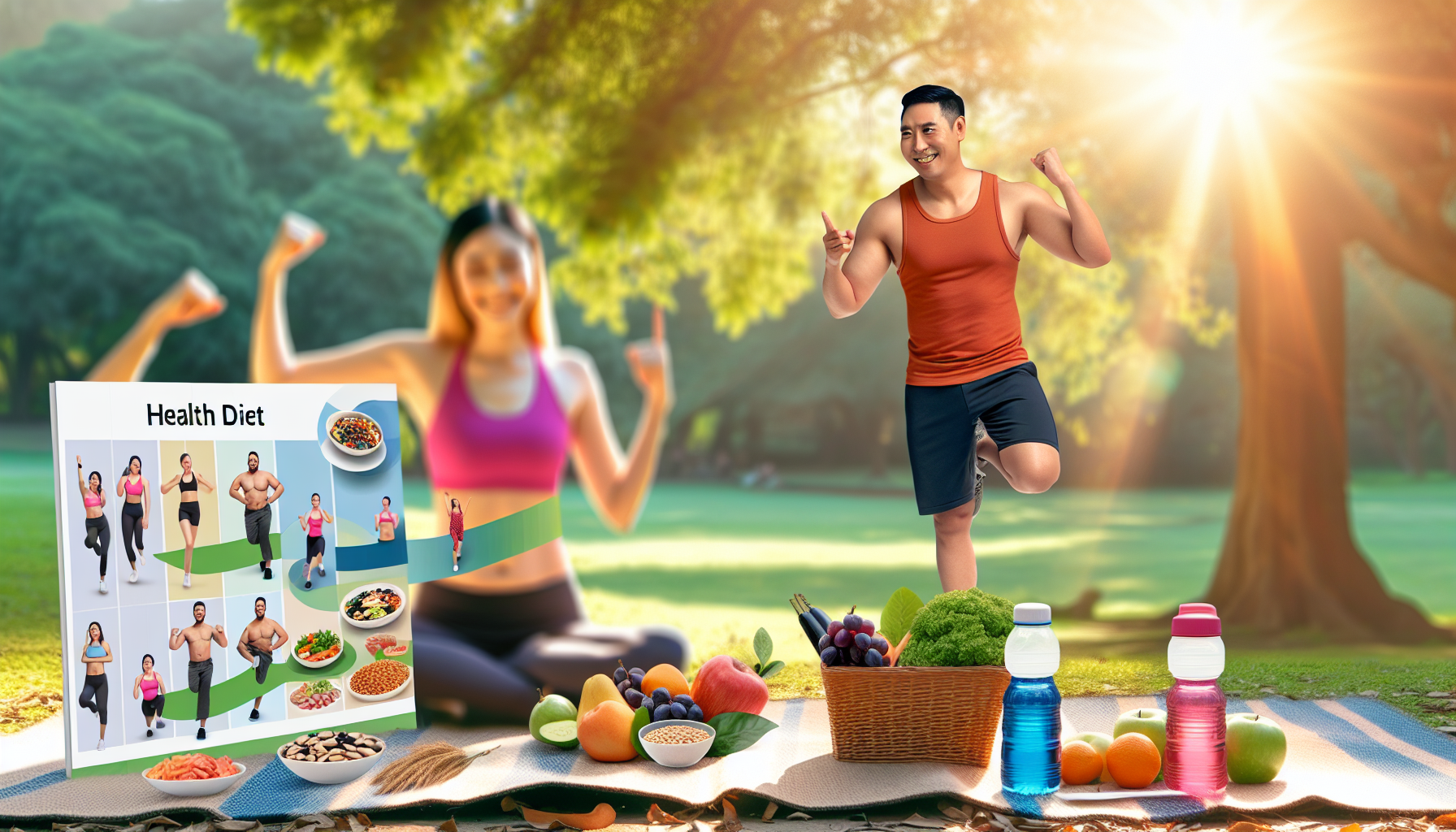 gesundes abnehmen: grundlagen, strategien und tipps 2 ein bild, das gesundheit und wohlbefinden beim abnehmen darstellt. die szene zeigt einen kaukasischen mann und eine sã¼dasiatische frau in sportoutfits, die verschiedene ãœbungen in einer friedlichen parkumgebung ausfã¼hren. warmes sonnenlicht filtert durch die bã¤ume und hebt ihre positiven gesichtsausdrã¼cke hervor. neben ihnen liegen wasserflaschen und gesunde snacks auf einer picknickdecke. an der seite befindet sich eine illustration eines ausgewogenen ernã¤hrungsplans, der aus obst, gemã¼se, mageren proteinen und vollkornprodukten besteht. alles verkã¶rpert ein gefã¼hl von gesundem leben und gewichtsmanagement.