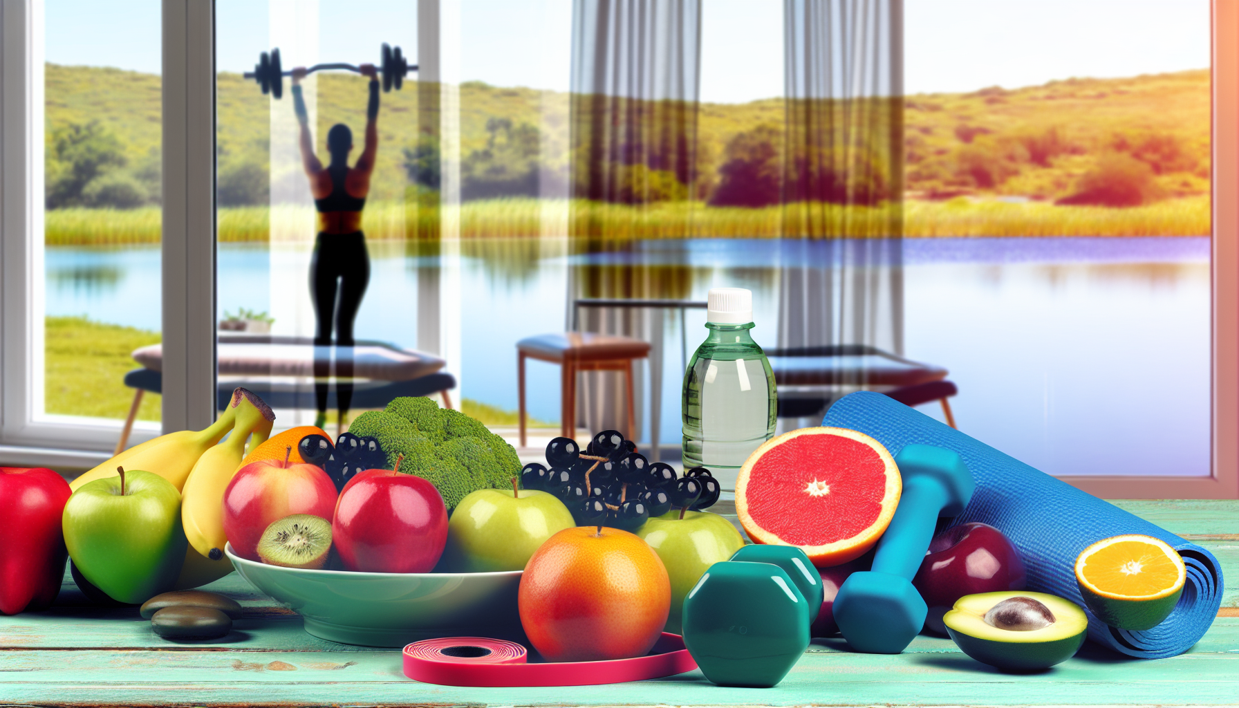 bedeutung einer gesunden ernährung beim abnehmen 2 das konzept von gesundheit und wohlbefinden wã¤hrend des gewichtsverlusts. es wã¼rde einen ausgewogenen lebensstil darstellen, mit nahrhaften lebensmitteln wie obst, gemã¼se, mageren proteinen und vollkornprodukten, die auf einem esstisch ausgebreitet sind. daneben sollten fitnessgerã¤te wie hanteln, widerstandsbã¤nder, eine yogamatte und eine wasserflasche vorhanden sein, um den physischen aspekt zu zeigen. eine darstellung der psychischen gesundheit kã¶nnte durch eine friedliche auãŸenszene sichtbar werden, die durch ein fenster reflektiert wird, wie ein ruhiger see, hohe bã¤ume und ein klarer himmel. der fokus sollte auf lebendigen farben und einer ausgewogenen, harmonischen komposition liegen.