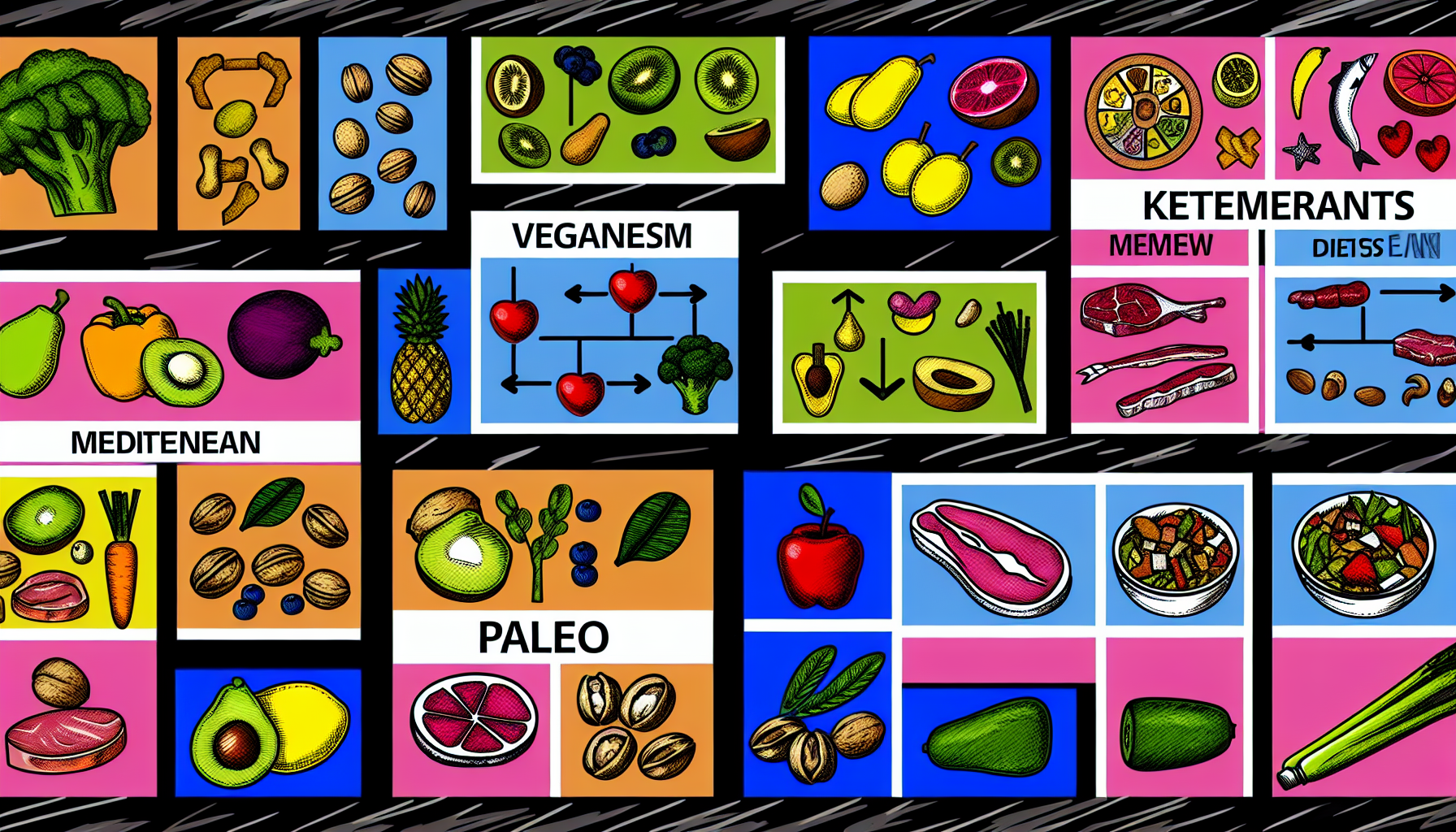 ein bild, das verschiedene arten von ernã¤hrungsplã¤nen zeigt. dazu gehã¶ren veganismus, ketogene, palã¤o und mediterrane diã¤ten. die bilder kã¶nnen symbole oder reprã¤sentative gegenstã¤nde wie frã¼chte, gemã¼se, nã¼sse, fleisch und fisch enthalten. darã¼ber hinaus sollten die bilder in separaten abschnitten zur besseren ãœbersichtlichkeit angeordnet sein, mit beschriftungen, die den namen jeder diã¤t darunter anzeigen.