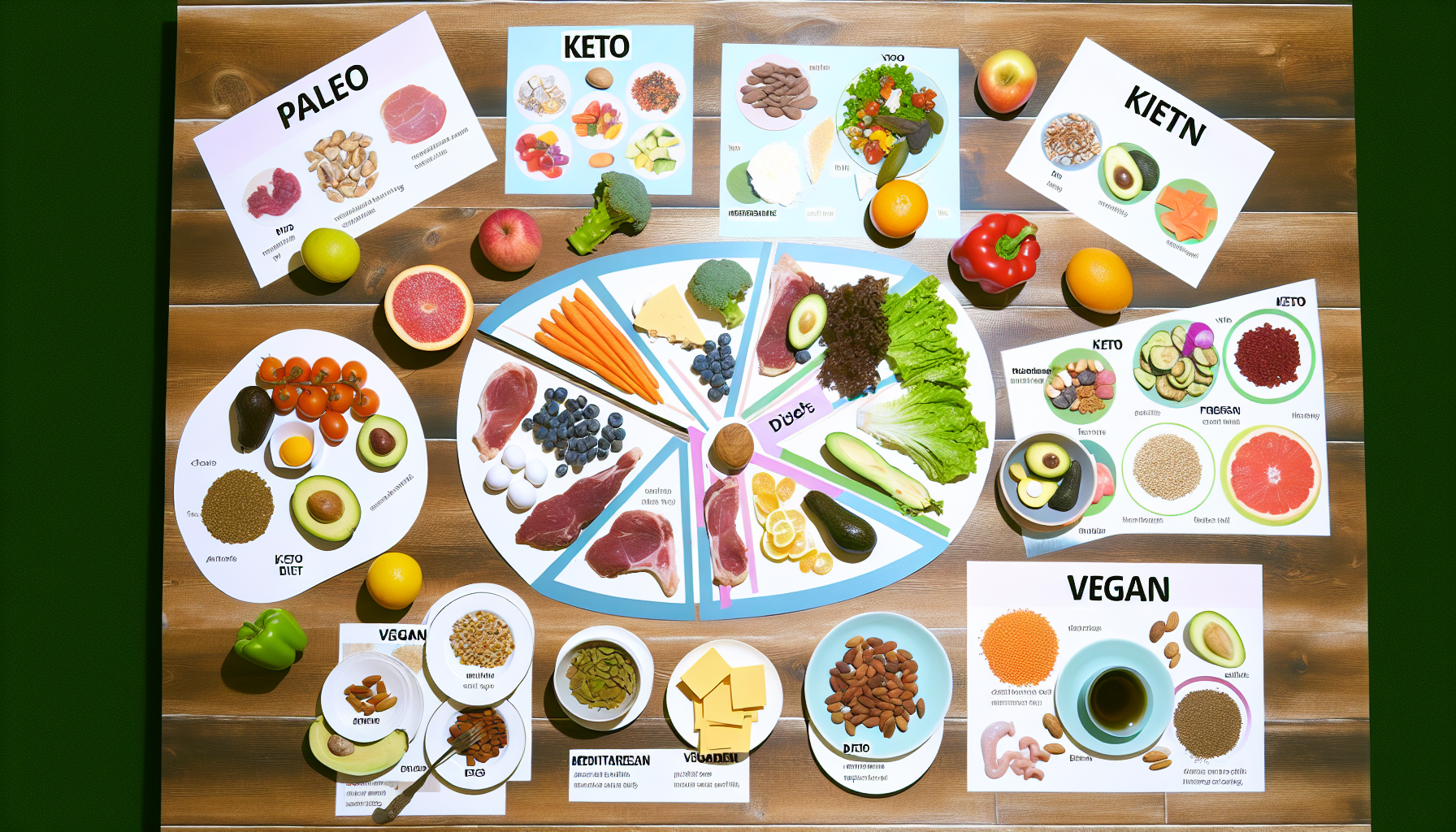 diäten für frauen: grundlagen, mythen und tipps 2 ein array verschiedener diã¤ten, symbolisch dargestellt. die paleo-diã¤t wird durch einen teller mit magerem fleisch, frã¼chten, gemã¼se und nã¼ssen reprã¤sentiert. die keto-diã¤t wird durch fettreiche lebensmittel wie avocado, kã¤se und eier symbolisiert. die mediterrane diã¤t, die typischerweise aus frã¼chten, gemã¼se, linsen und fisch besteht. die vegane diã¤t wird ausschlieãŸlich durch pflanzliche lebensmittel wie gemã¼se, frã¼chte, nã¼sse und getreide dargestellt. jede diã¤t befindet sich auf einem separaten teller, die teller sind in einem kreis auf einem groãŸen holztisch angeordnet, mit informativen schildern neben jedem teller.
