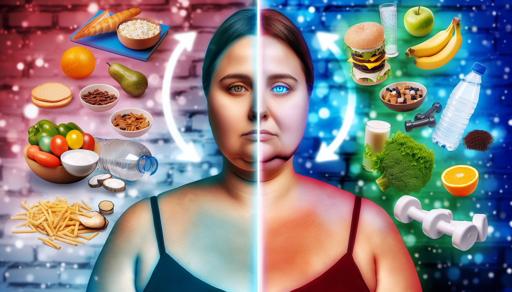 hashimoto und gewichtsmanagement: strategien für betroffene 3 die visualisierung von gesundheit und wohlbefinden wã¤hrend des gewichtsverlusts. stellen sie sich die kontrastierenden bilder auf einem geteilten bildschirm vor. auf der einen seite gibt es ungesundes abnehmen, gekennzeichnet durch ein hageres und unglã¼ckliches gesicht, umgeben von ungesunden lebensmitteln. die andere seite zeigt gesundes abnehmen mit einem strahlenden und zufriedenen gesicht, umgeben von einer ausgewogenen auswahl an gesunden lebensmitteln, sportgerã¤ten und einem glas wasser. das gleichgewicht zwischen mentaler und kã¶rperlicher gesundheit ist in beiden szenarien durch die umgebung und die gesichtsausdrã¼cke sichtbar.