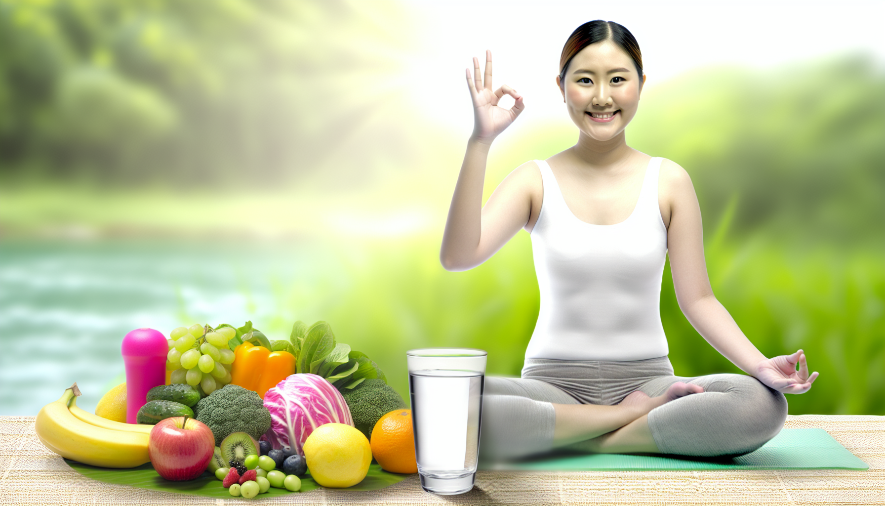 grundlagen einer gesunden ernährung für erfolgreiches abnehmen 3 eine ausgewogene darstellung von gesundheit und wohlbefinden beim abnehmen. in einer ruhigen umgebung sollte das bild eine person asiatischer abstammung zeigen, die ruhig trainiert, mã¶glicherweise yoga oder tai chi macht und leicht lã¤chelt. im hintergrund sollten frische, bunte frã¼chte und gemã¼se sowie ein glas wasser zu sehen sein, die eine ausgewogene ernã¤hrung symbolisieren. die szenerie sollte ruhe ausstrahlen, wie das licht am frã¼hen morgen und den frieden der natur. extreme methoden zur gewichtsreduktion sollten vollstã¤ndig vermieden werden, und der fokus sollte auf einem ausgewogenen, ganzheitlichen ansatz zum abnehmen liegen.