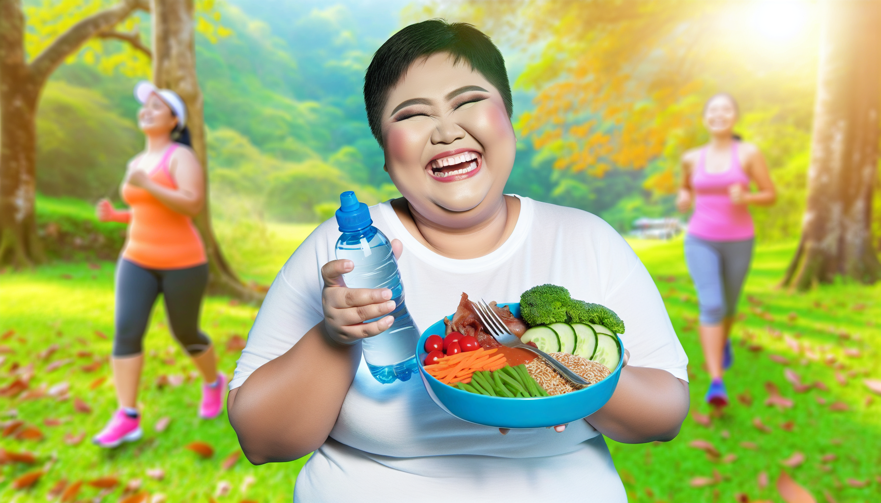 grundlagen einer gesunden ernährung für erfolgreiches abnehmen 2 stellen sie das konzept von gesundheit und wohlbefinden wã¤hrend des gewichtsverlusts dar. prã¤sentieren sie eine frã¶hliche person, die eine ausgewogene mahlzeit aus verschiedenen gemã¼searten, proteinen und getreide genieãŸt. zeigen sie, wie diese person viel wasser trinkt und an einer kã¶rperlichen aktivitã¤t im freien wie wandern oder joggen teilnimmt. achten sie darauf, dass diese person zufriedenheit und glã¼ck ausstrahlt, was auf eine positive einstellung zu ihren lebensstilã¤nderungen hinweist.
