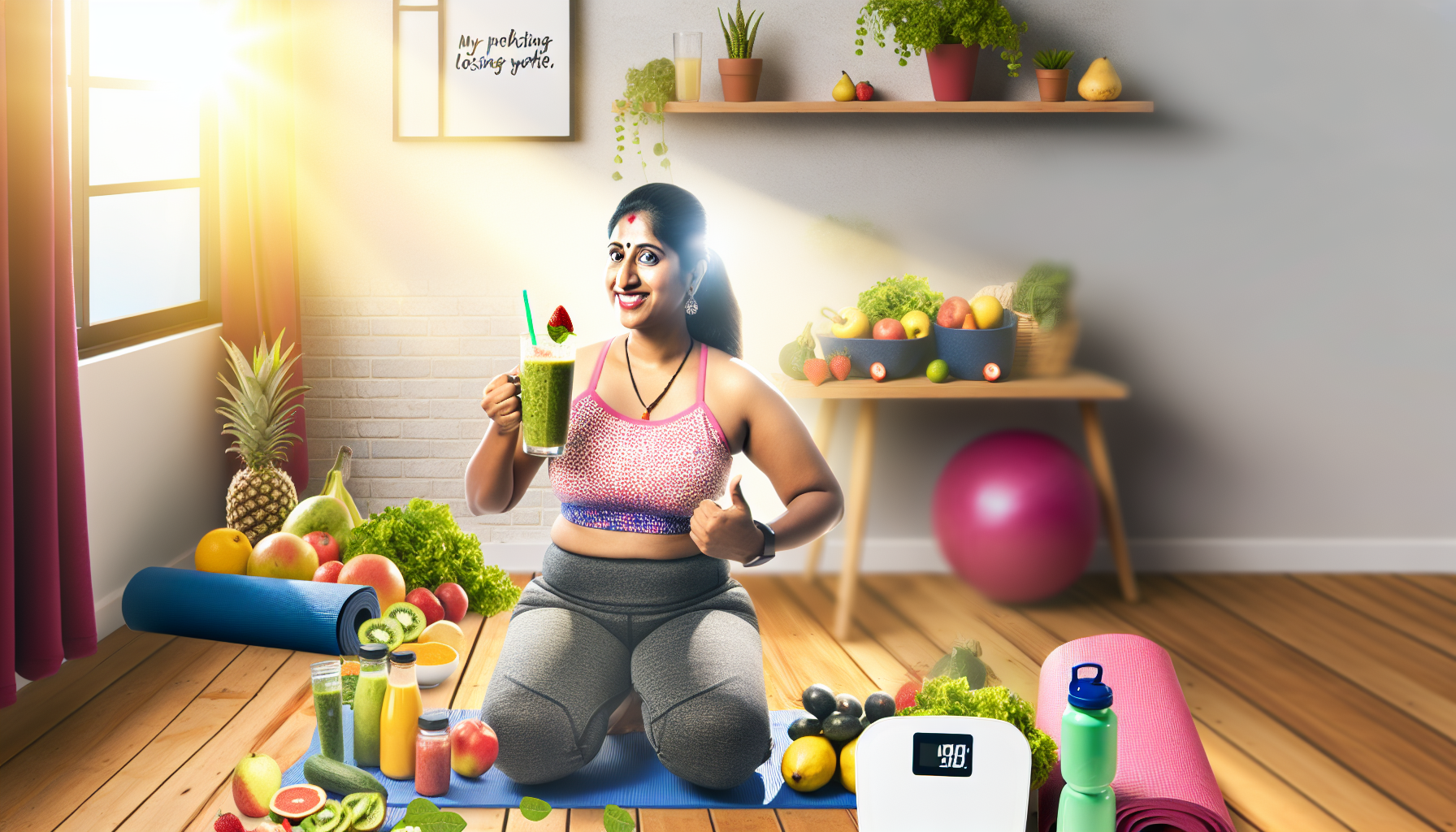 gesunde ernährung für effektives abnehmen 3 darstellung von gesundheit und wohlbefinden wã¤hrend des gewichtsverlustprozesses. eine person sã¼dasiatischer abstammung, die bequeme sportkleidung trã¤gt, genieãŸt nach einer belebenden yoga-session einen erfrischenden obst-smoothie. im hintergrund sind verschiedene frã¼chte und gemã¼se, wasserflaschen und eine yogamatte sichtbar. eine sonnige atmosphã¤re erfã¼llt den raum, wã¤hrend das licht durch die fenster strã¶mt und die pflanzen im raum belebt. eine digitale personenwaage zeigt den fortschritt der person beim abnehmen. ein inspirierendes zitat auf einer tafel im hintergrund vermittelt ein gefã¼hl von positivitã¤t und motivation.