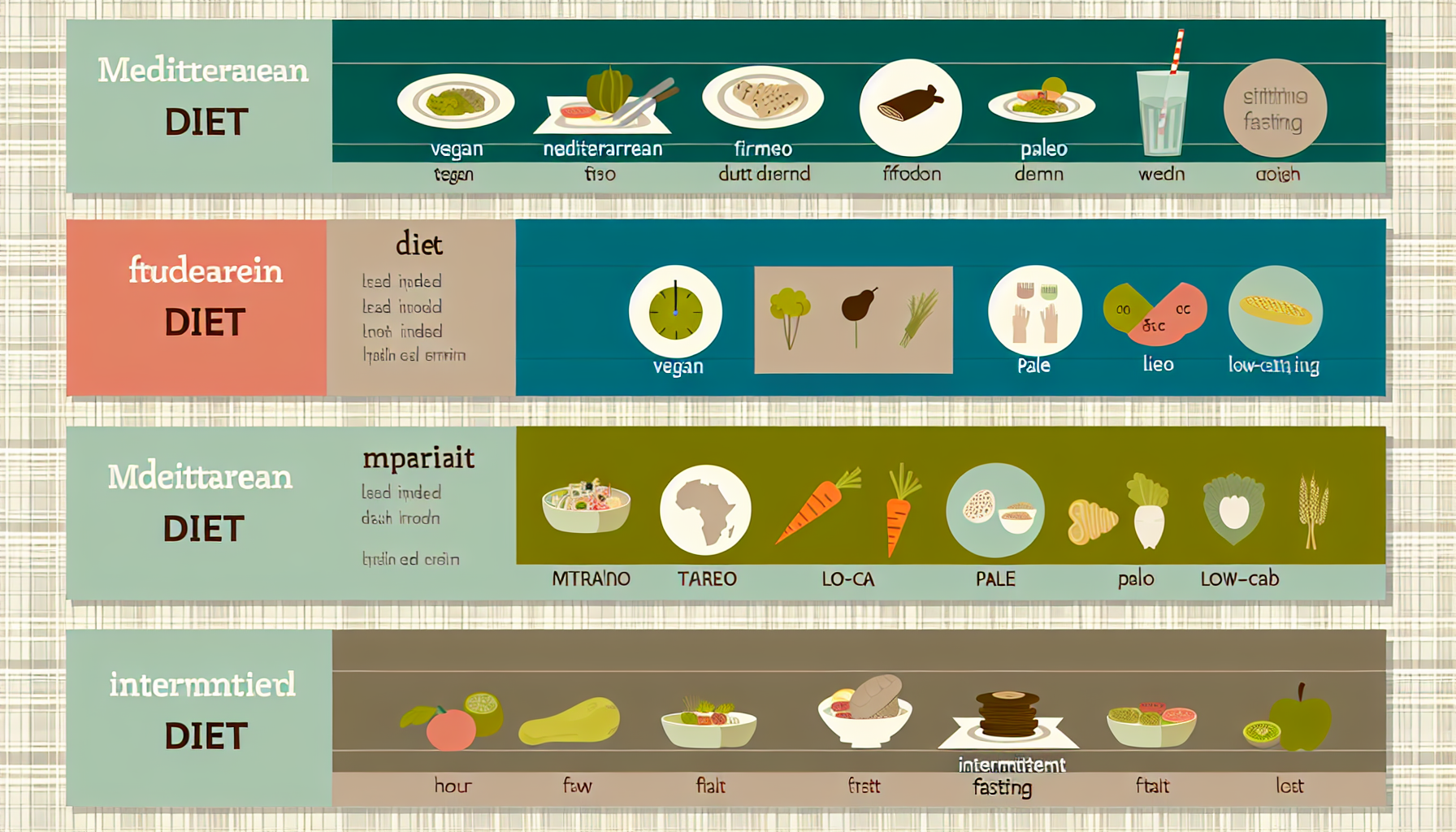 diäten: definition, typen und tipps zur gewichtsreduktion 2 eine auswahl verschiedener diã¤ten, dargestellt im infografik-stil. dies kann eine darstellung verschiedener ernã¤hrungsplã¤ne wie vegan, mediterran, paleo, kohlenhydratarm und intermittierendes fasten umfassen. jeder abschnitt sollte deutlich den diã¤t-typ kennzeichnen, mit illustrationen typischer lebensmittel und mahlzeiten, die in diesem ernã¤hrungsregime konsumiert werden. verwenden sie gedã¤mpfte farben und klare beschriftungen fã¼r jeden abschnitt der diã¤t.