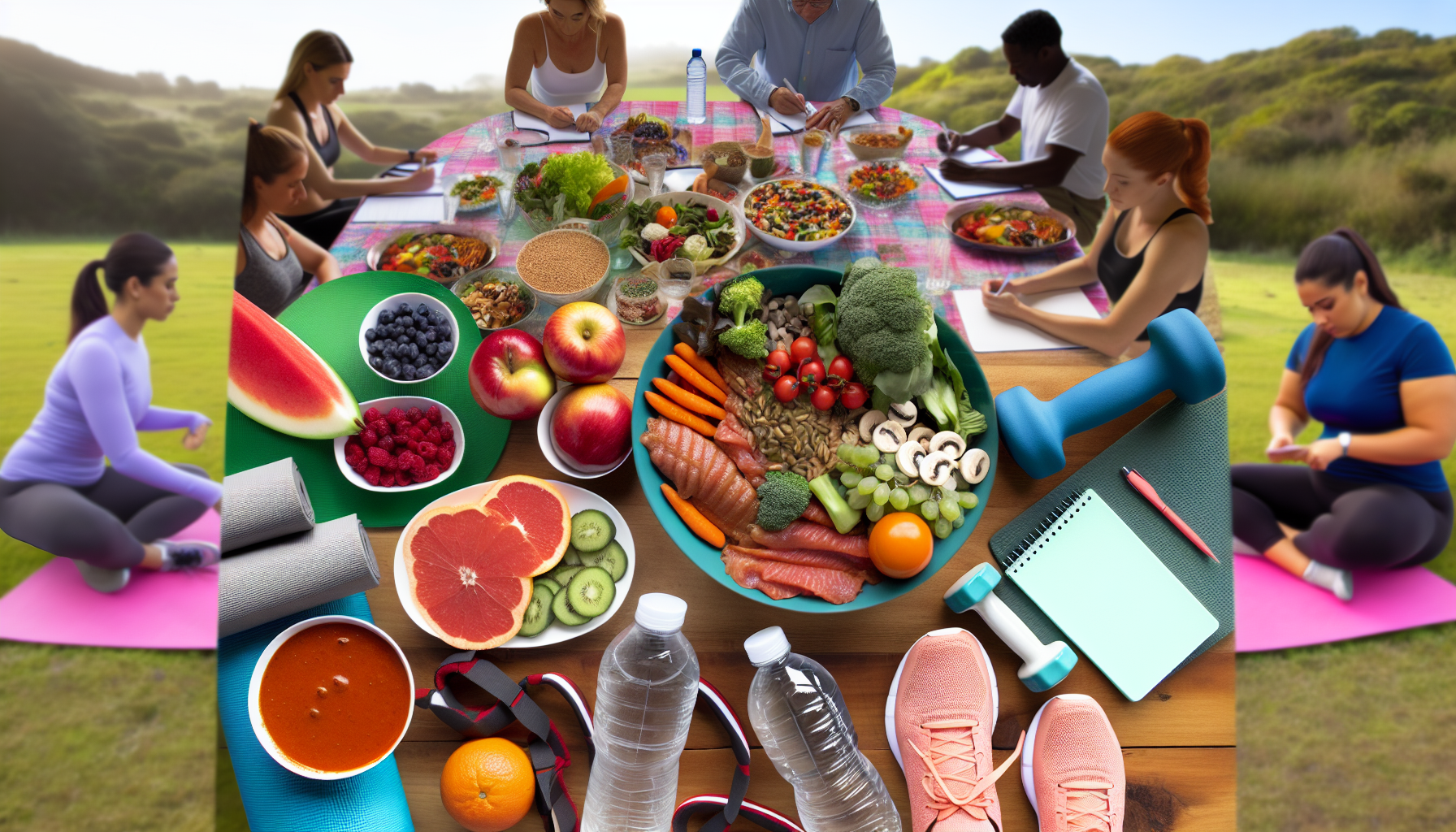 eine darstellung von gesundheit und wohlbefinden w&atilde;&curren;hrend des gewichtsverlusts. das bild zeigt eine ausgewogene mahlzeit mit bunten fr&atilde;&frac14;chten, gem&atilde;&frac14;se, mageren proteinen und vollkornprodukten auf einem tisch, was f&atilde;&frac14;r ern&atilde;&curren;hrung steht. es gibt auch fitnessger&atilde;&curren;te wie hanteln, eine yogamatte und laufschuhe, die auf k&atilde;&para;rperliche bewegung hinweisen. eine wasserflasche symbolisiert hydration, und ein journal mit einem stift repr&atilde;&curren;sentiert mentale gesundheit und fortschrittsverfolgung. rund um den tisch sind personen verschiedener abstammungen und geschlechter versammelt, die alle zufrieden und gesund aussehen. der hintergrund ist eine angenehme naturlandschaft mit klarem himmel und gr&atilde;&frac14;n, was eine ruhige umgebung vermittelt.