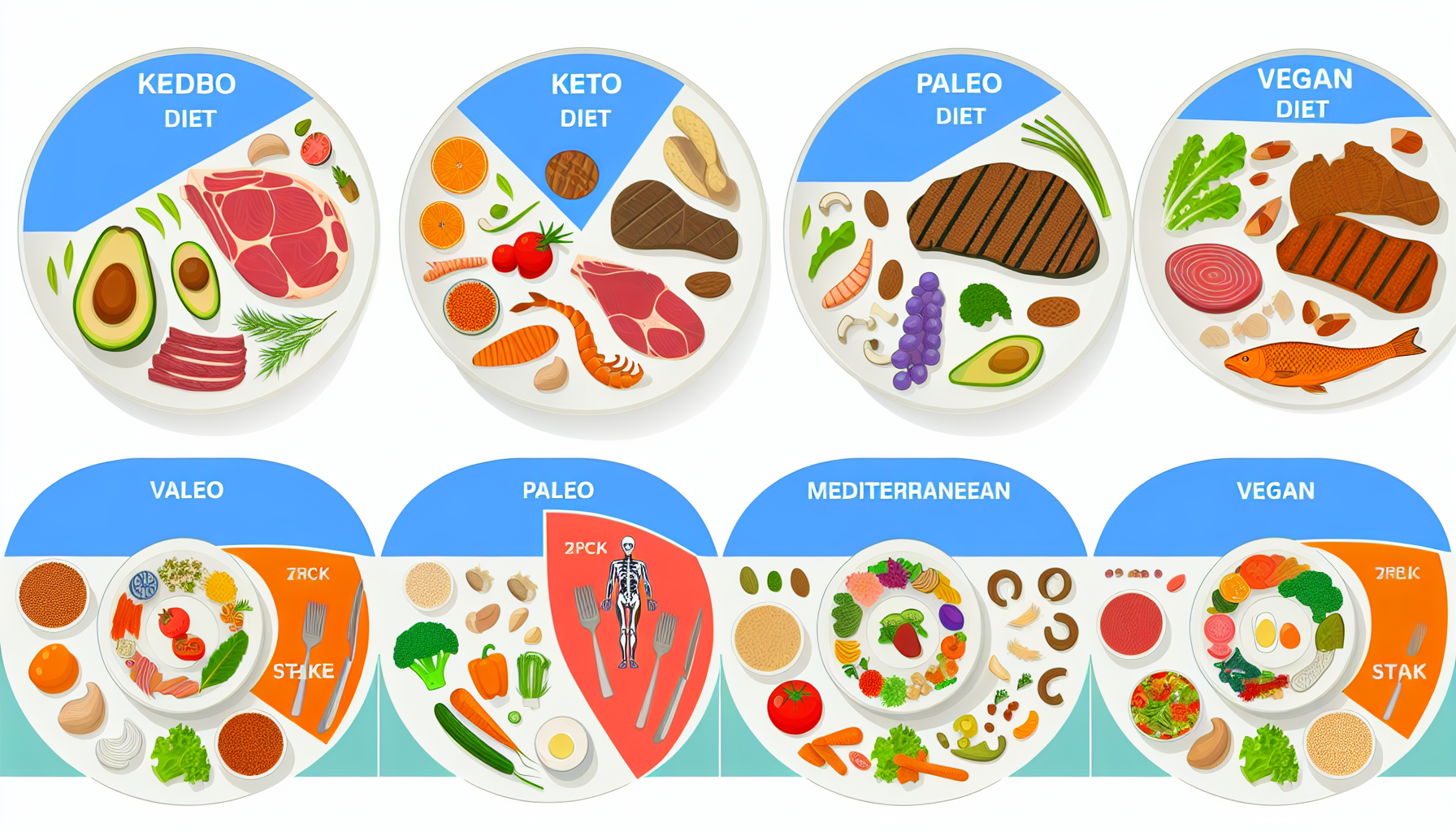 erfolgreich diät halten: tipps für anfänger 3 eine detaillierte visualisierung verschiedener diã¤tarten, wie ketogene, mediterrane, palã¤olithische und vegane ernã¤hrung. jede diã¤t sollte durch einen unterschiedlichen teller dargestellt werden, der die hauptbestandteile und verhã¤ltnisse jeder diã¤t zeigt. der keto-teller sollte aus fettreichen lebensmitteln wie avocado und steak bestehen, der mediterrane teller sollte mit frã¼chten, gemã¼se und meeresfrã¼chten gefã¼llt sein, der paleo-teller sollte mageres fleisch und gemã¼se enthalten, wã¤hrend der vegane teller eine vielzahl pflanzlicher lebensmittel wie linsen, tofu und gemã¼se aufweisen sollte.