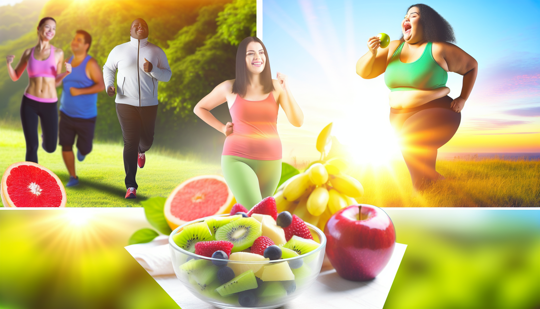 Eine Darstellung, die Gesundheit und Wohlbefinden beim Abnehmen reprÃ¤sentiert. Die Szene kÃ¶nnte eine Person hispanischer Abstammung zeigen, die morgens in einem Ã¼ppig grÃ¼nen Park joggt, eine andere Person kaukasischer Abstammung, die eine SchÃ¼ssel frischer FrÃ¼chte zum FrÃ¼hstÃ¼ck genieÃŸt, und eine dritte Person mittlererÃ¶stlicher Abstammung, die bei Sonnenaufgang Yoga praktiziert. Alle in der Darstellung gezeigten Personen strahlen PositivitÃ¤t aus und wirken energiegeladen, was gesunde Gewohnheiten und LebensstilÃ¤nderungen symbolisiert, um Gewichtsziele zu erreichen.