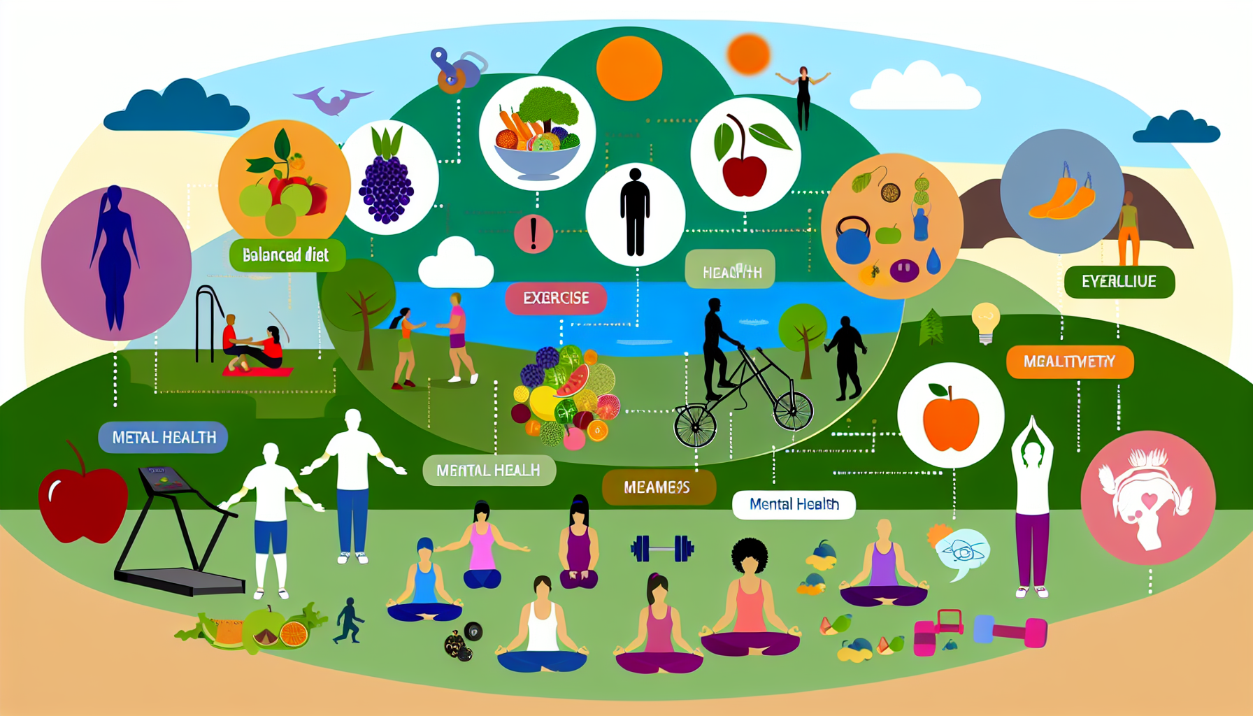 das wohlfühl-körpergewicht: definition und strategien 2 eine infografik, die konzepte fã¼r gesundes abnehmen und wohlbefinden veranschaulicht. sie enthã¤lt elemente wie eine ausgewogene ernã¤hrung, dargestellt mit verschiedenen gesunden lebensmitteln, bewegung, reprã¤sentiert durch unterschiedliche sportgerã¤te und aktivitã¤ten, sowie psychische gesundheit, symbolisiert durch friedliche landschaften und meditierende figuren. einige menschen unterschiedlichen alters, geschlechts und herkunft sind in diesen aktivitã¤ten engagiert, was das universelle bedã¼rfnis und den ansatz fã¼r gesundes abnehmen verdeutlicht.