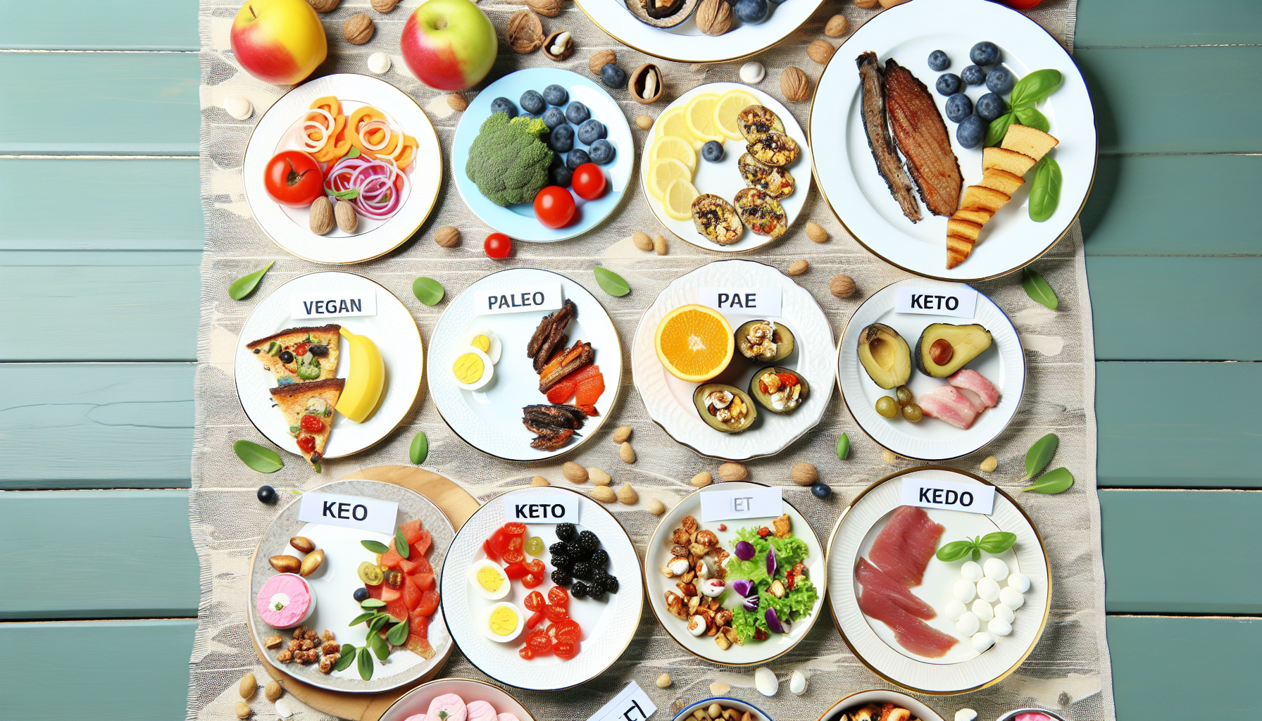 eine gruppe verschiedener di&atilde;&curren;tarten, sch&atilde;&para;n auf einzelnen tellern angerichtet. dazu geh&atilde;&para;ren vegane gerichte mit buntem obst und gem&atilde;&frac14;se, proteinreiche paleo-gerichte mit magerem fleisch, kohlenhydratarme keto-gerichte mit gesunden fetten und mediterrane speisen mit oliven&atilde;&para;l, vollkornprodukten und meeresfr&atilde;&frac14;chten. die szene sollte eine vielzahl von gerichten zeigen, die zart auf einem thematisch gestalteten tischdecken arrangiert sind.