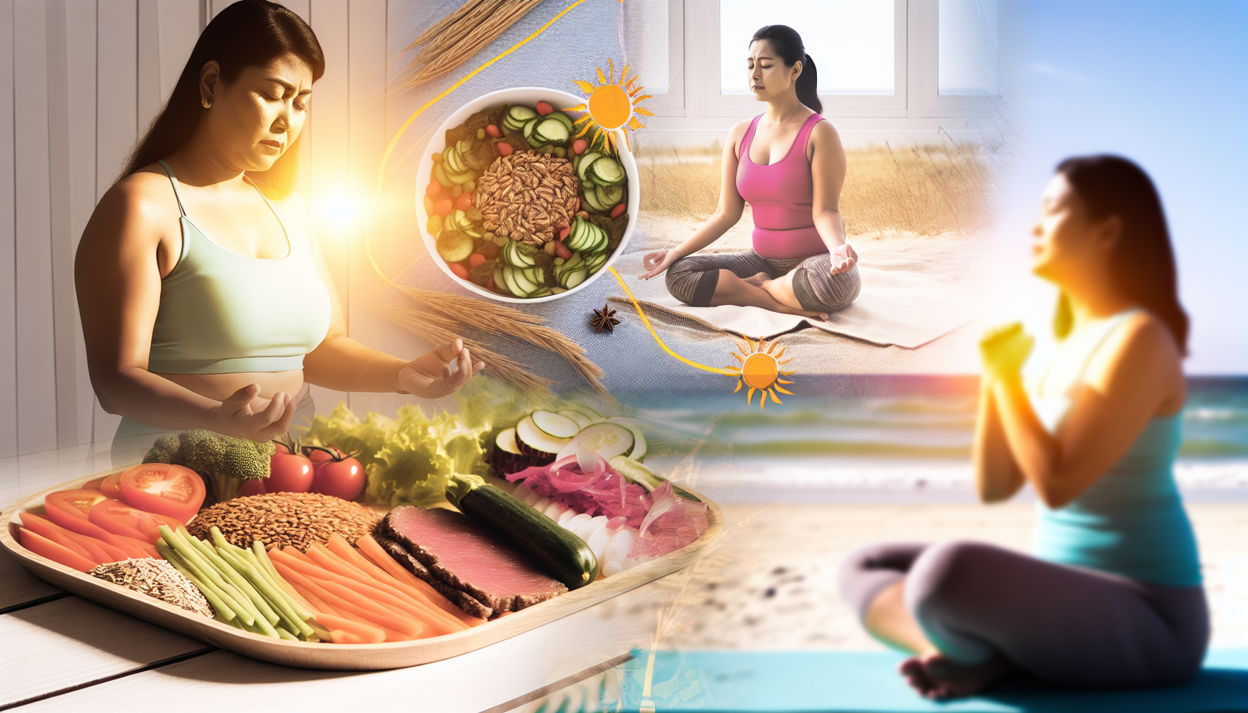 Eine Darstellung von Gesundheit und Wohlbefinden wÃ¤hrend des Gewichtsverlusts. Stellen Sie sich eine ausgewogene Mahlzeit vor, die voller bunter GemÃ¼se, magerer Proteine und Vollkornprodukte ist. Im Hintergrund ist eine sÃ¼dasianische Frau in einer Yoga-Session in einer friedlichen Umgebung zu sehen, in der warmes Sonnenlicht hereinfÃ¤llt. An anderer Stelle im Bild joggt ein weiÃŸer Mann auf einem KÃ¼stenweg und zeigt Entschlossenheit und WiderstandsfÃ¤higkeit. In der gesamten Szene sind Symbole fÃ¼r positives mentales Wohlbefinden eingewoben, wie strahlende Sonnen oder blÃ¼hende Blumen, um die psychologischen Vorteile eines gesunden Lebensstils zu verdeutlichen.