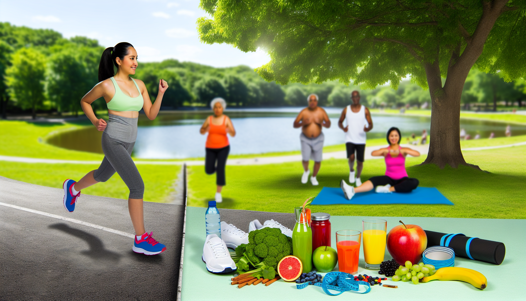 Ein Bild, das das Konzept von Gesundheit und Wohlbefinden im Prozess des Abnehmens darstellt. Die Szenerie ist ein Park im Freien mit einem Laufweg, der einen malerischen See umgibt. Im Vordergrund joggt eine hispanische Frau, sportlich und entschlossen. Im Hintergrund praktiziert ein fitters Mann sÃ¼dasiatischer Herkunft in seinen Vierzigern Yoga unter einem Baum. Eine Gruppe von schwarzen und anderen ethnisch vielfÃ¤ltigen Personen nimmt an einem Zumba-Kurs unter der Anleitung einer weiblichen Trainerin aus dem Nahen Osten teil. Rundherum liegen FrÃ¼chte und GemÃ¼se, Wasserflaschen und FitnessgerÃ¤te, um einen gesunden Lebensstil zu betonen.