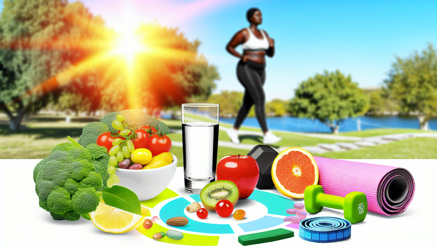 Eine Darstellung von Gesundheit und Wohlbefinden w&Atilde;&curren;hrend des Gewichtsverlusts. Zeigen Sie eine ausgewogene Auswahl an nahrhaften Gem&Atilde;&frac14;se- und Obstsorten, ein Glas Wasser und Fitnessger&Atilde;&curren;te wie eine Hantel und eine Yogamatte. Im Hintergrund ist eine Person afrikanischer Abstammung zu sehen, die in einem Park joggt und die Bedeutung von k&Atilde;&para;rperlicher Aktivit&Atilde;&curren;t demonstriert. Unterstreichen Sie den emotionalen Aspekt des Wohlbefindens mit einer strahlenden Sonne, die Energie und Positivit&Atilde;&curren;t symbolisiert. Diese Szene bietet einen Einblick in einen ganzheitlichen Ansatz zum Gewichtsverlust.