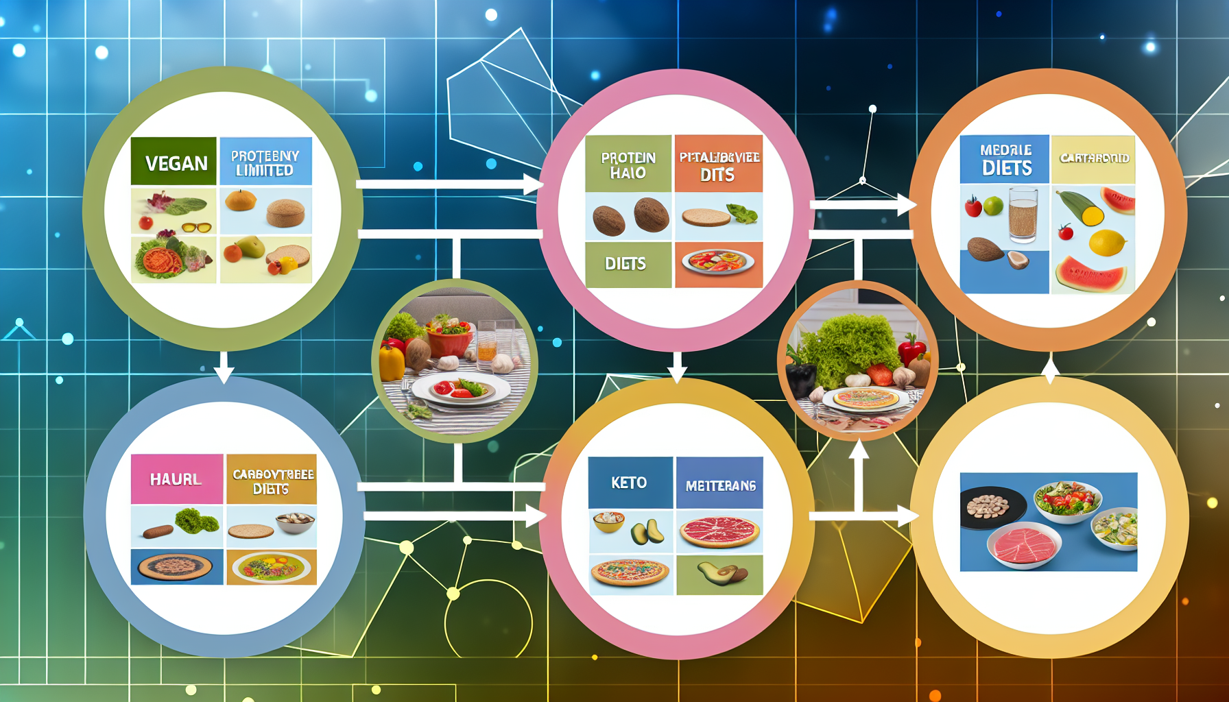 die grundlagen der ketogenen diät: vorteile und risiken 2 eine grafische darstellung, die verschiedene arten von diã¤ten hervorhebt. dazu gehã¶ren pflanzenbasierte vegane diã¤ten, proteinreiche paleo-diã¤ten, kohlenhydratlimitierte keto-diã¤ten und vielfã¤ltige mediterrane diã¤ten. die bilder sollten individuelle illustrationen dieser ernã¤hrungsweisen enthalten, die spezifische charakteristische lebensmittel, essensplã¤ne oder die auswirkungen auf die gesundheit zeigen. insgesamt sollten die bilder farbenfroh, ansprechend und informativ sein, mit einem ausgewogenen mix verschiedener ernã¤hrungsoptionen.