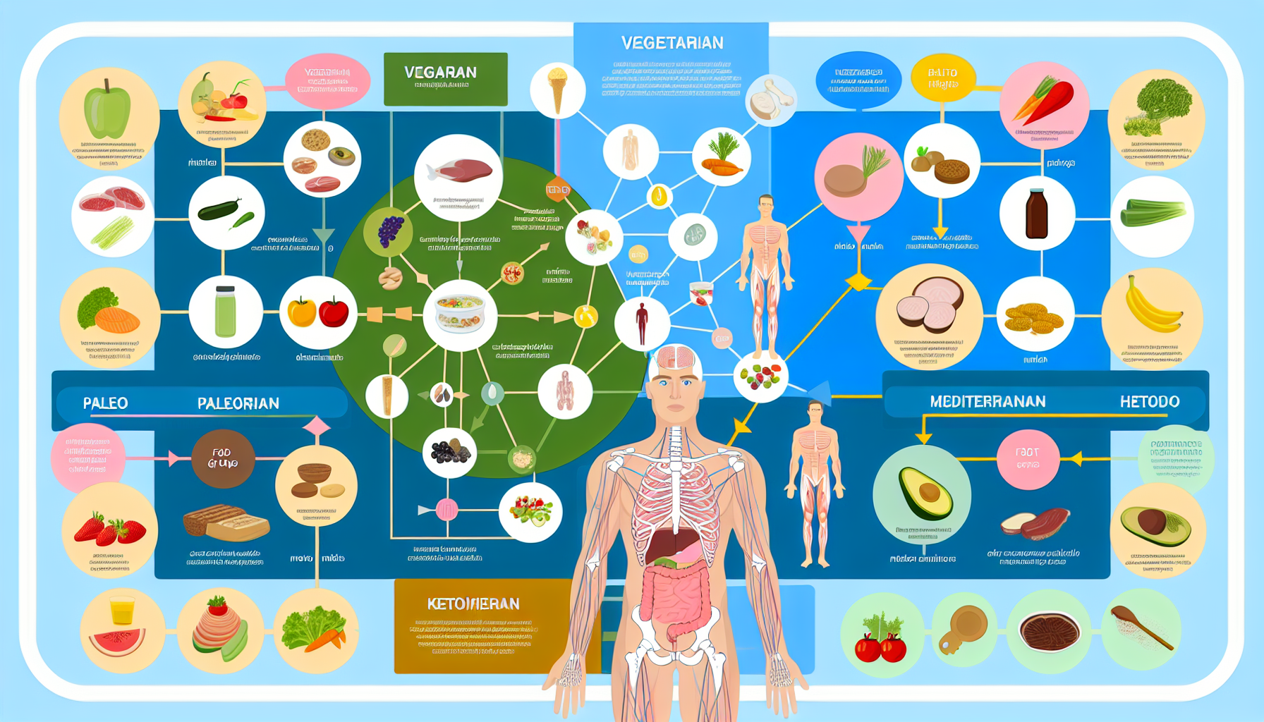 energie durch diäten: ernährung für mehr vitalität 2 eine informative infografik, die verschiedene arten von diã¤ten wie vegetarisch, vegan, paleo, ketogen, mediterran und andere veranschaulicht. sie sollte die wichtigsten nahrungsgruppen und nã¤hrstoffe in jeder diã¤t enthalten und visuell darstellen, welche auswirkungen sie auf den menschlichen kã¶rper haben kã¶nnen.