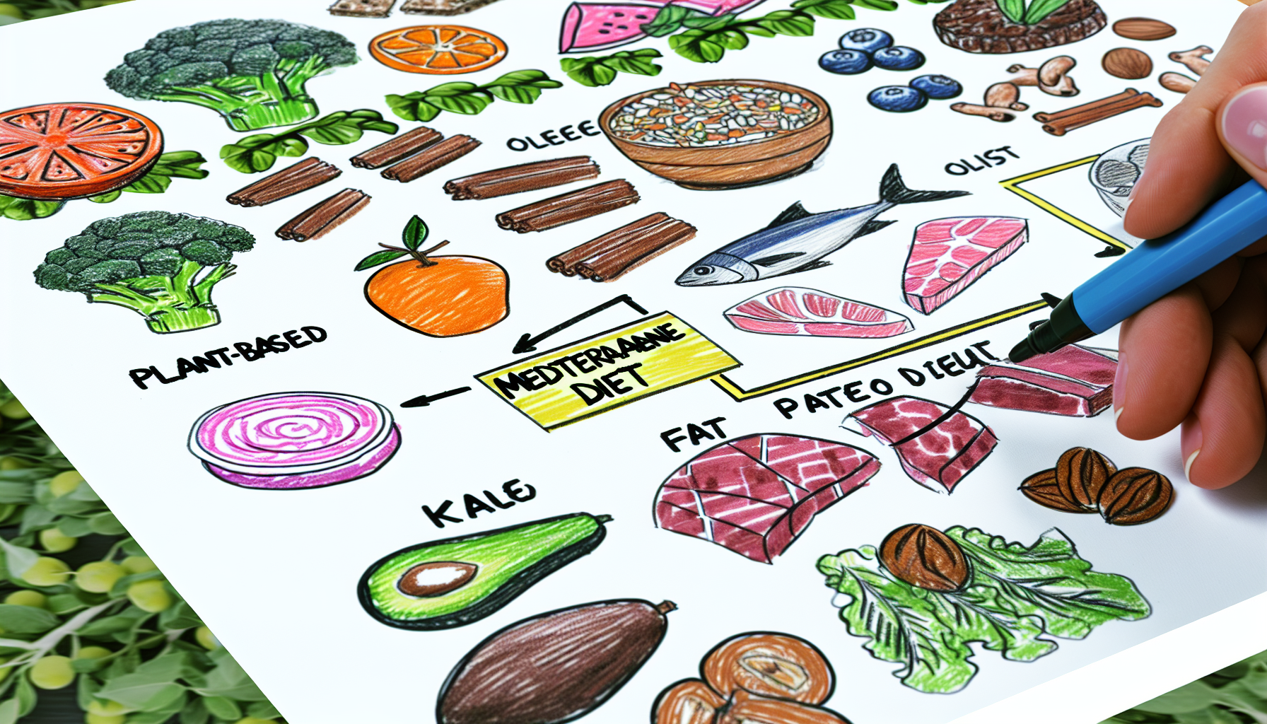 die vorteile und herausforderungen einer zuckerfreien diät 2 ein detailliertes bild, das verschiedene arten von diã¤tplã¤nen darstellt. in einer ecke des bildes visualisieren sie eine pflanzenbasierte ernã¤hrung mit frischen frã¼chten, gemã¼se und vollkornprodukten. auf der anderen seite sollte eine mediterrane diã¤t mit olivenã¶l, fisch und magerem fleisch illustriert werden. in der mitte erstellen sie ein beispiel fã¼r eine ketogene diã¤t mit fettreichen, kohlenhydratarmen lebensmitteln. zusã¤tzlich sollte eine paleo-diã¤t mit magerem fleisch, frã¼chten und gemã¼se enthalten sein. denken sie daran, diese diã¤ten so darzustellen, dass ihre einzigartigen merkmale und vorteile deutlich werden.